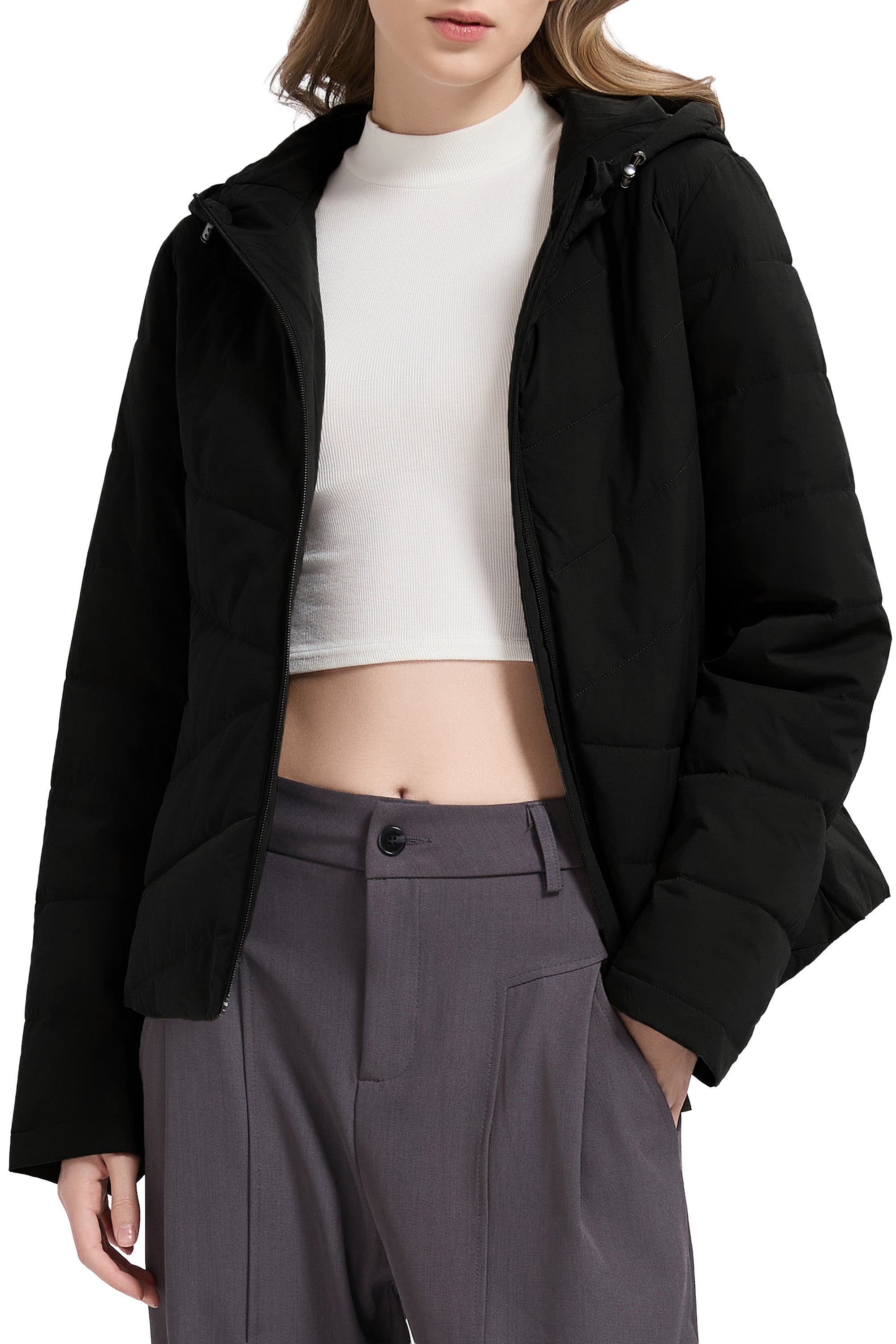 Flattering Quilted Puffer Lightweight Jacket with Hood #color_black