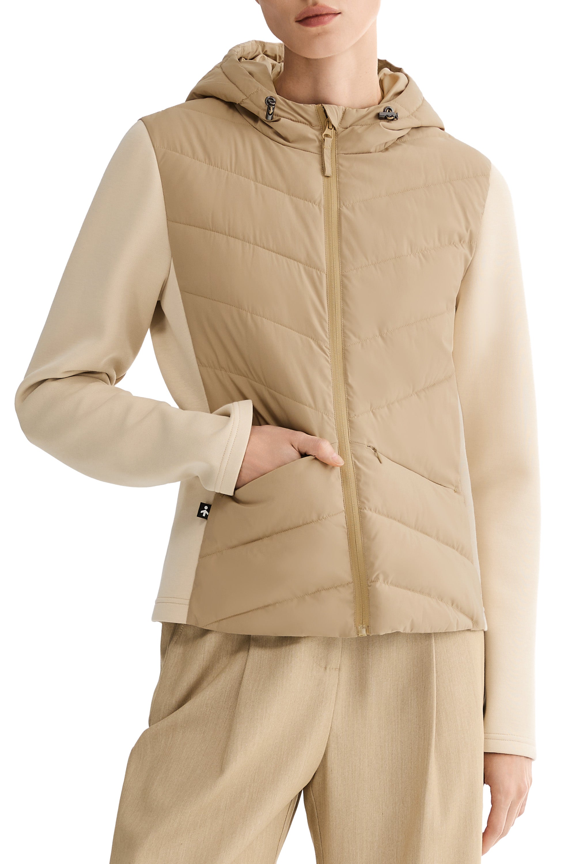 Structured Paneled Puffer Jacket with Hood #color_khaki