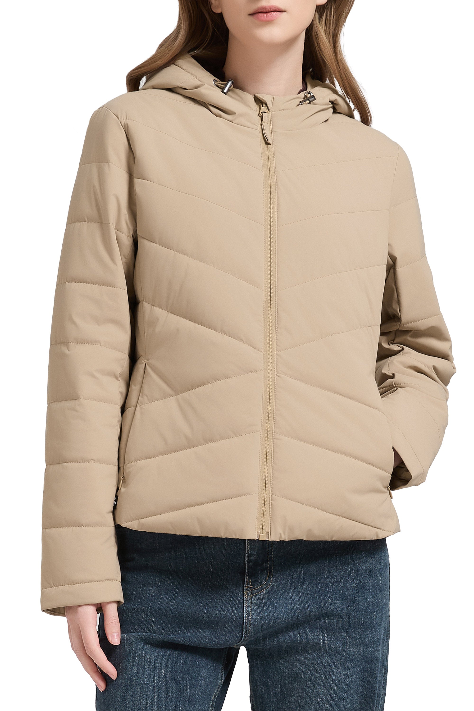 Flattering Quilted Puffer Lightweight Jacket with Hood #color_khaki