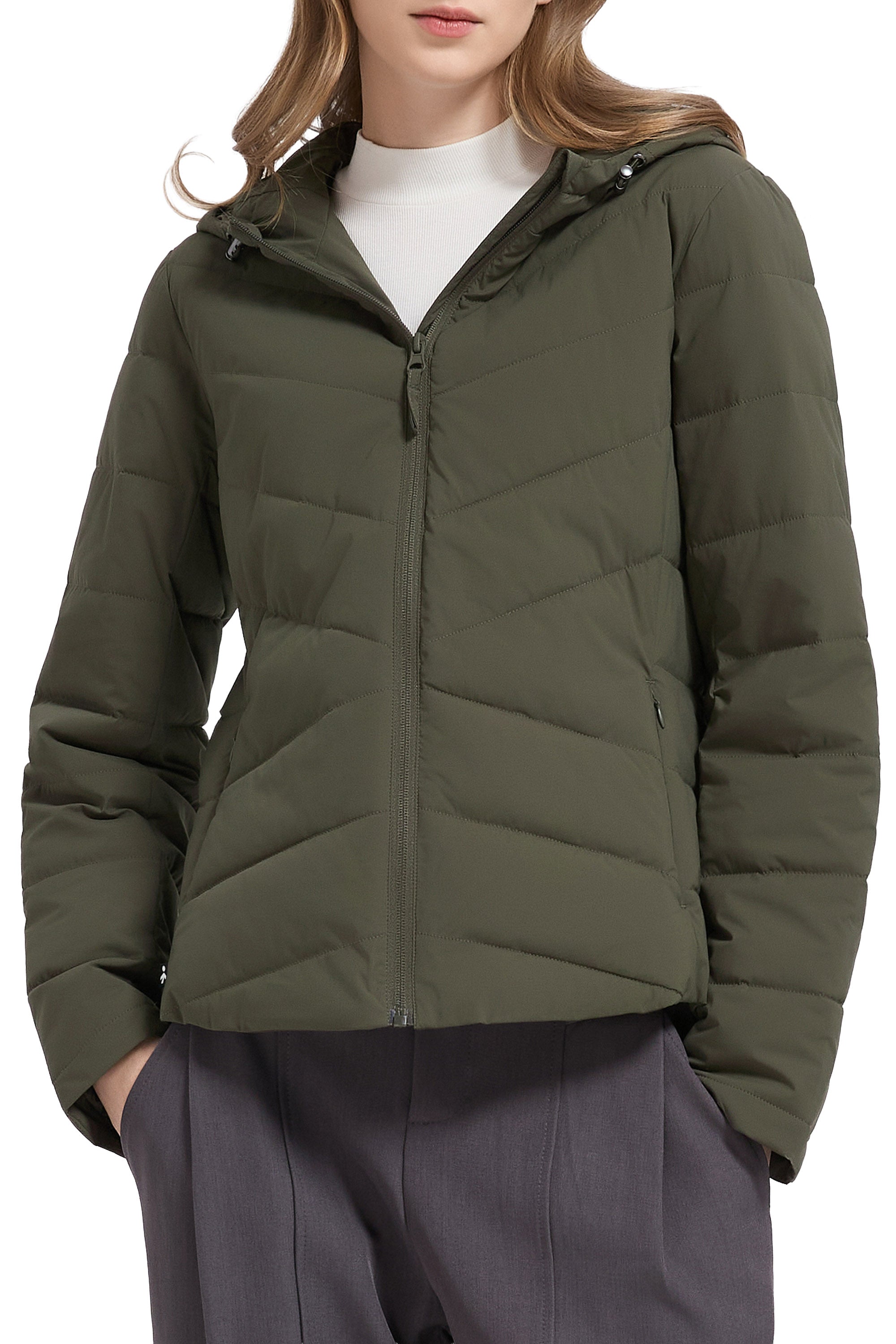 Flattering Quilted Puffer Lightweight Jacket with Hood #color_olive