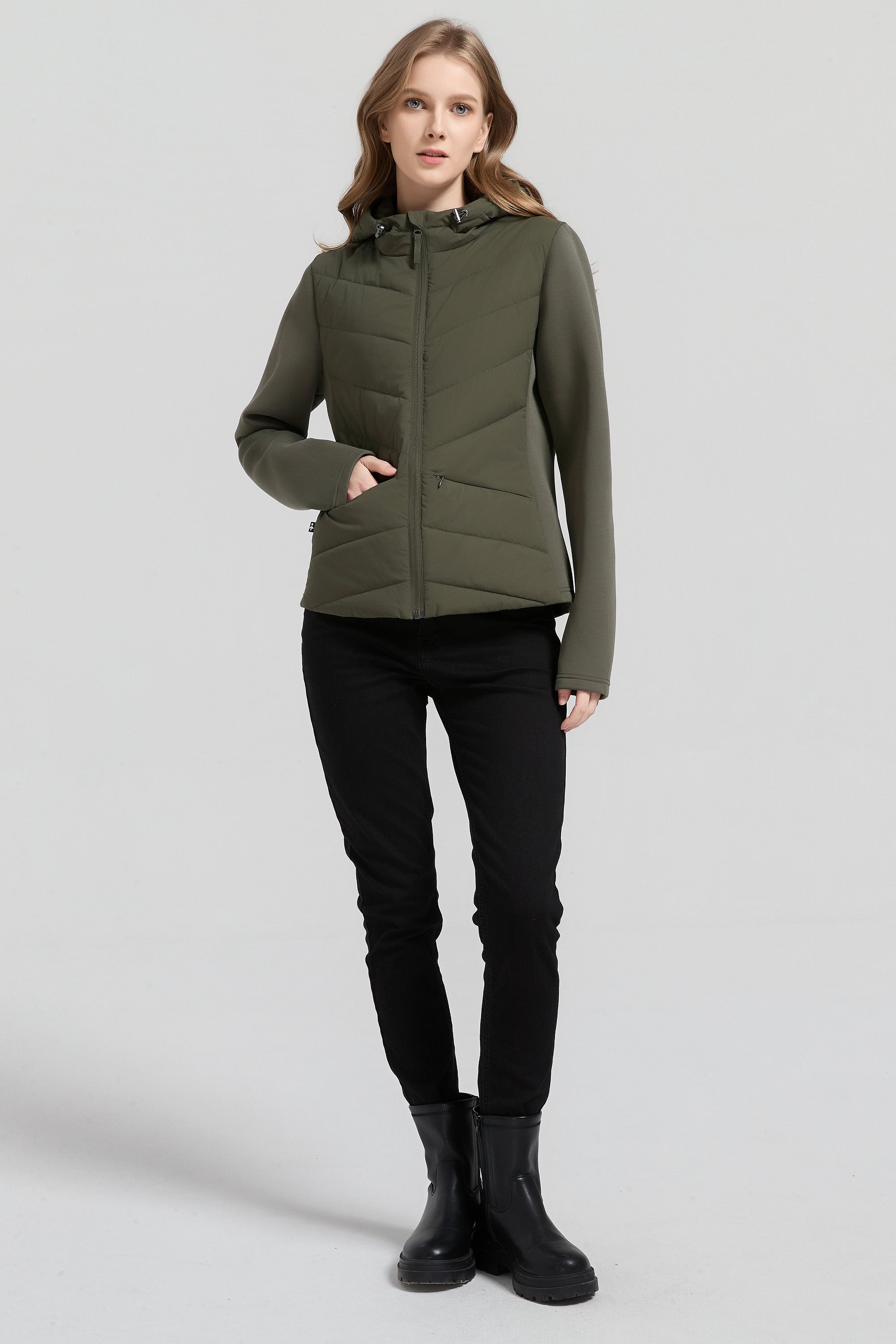 Structured Paneled Puffer Jacket with Hood #color_olive