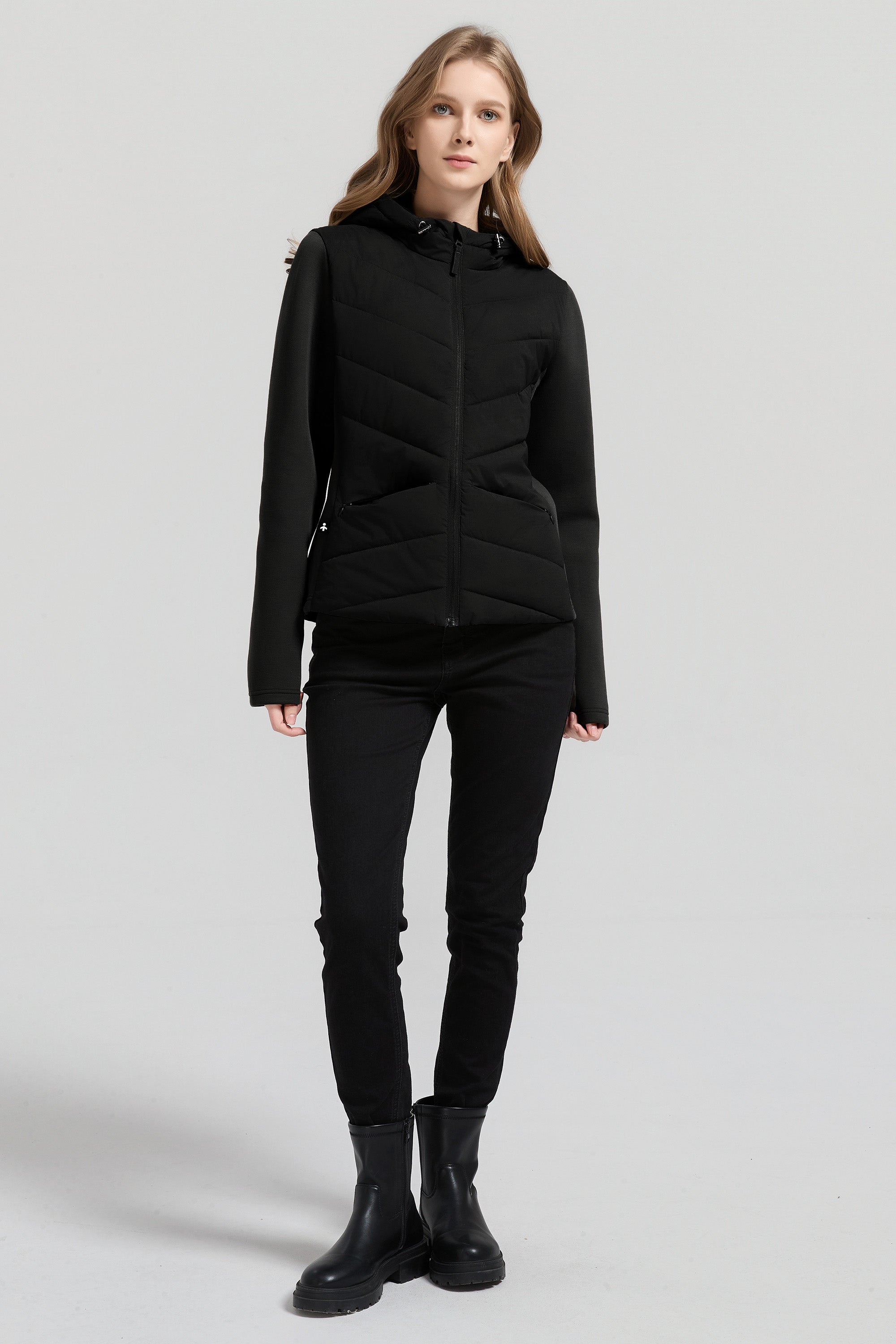 Structured Paneled Puffer Jacket with Hood #color_black