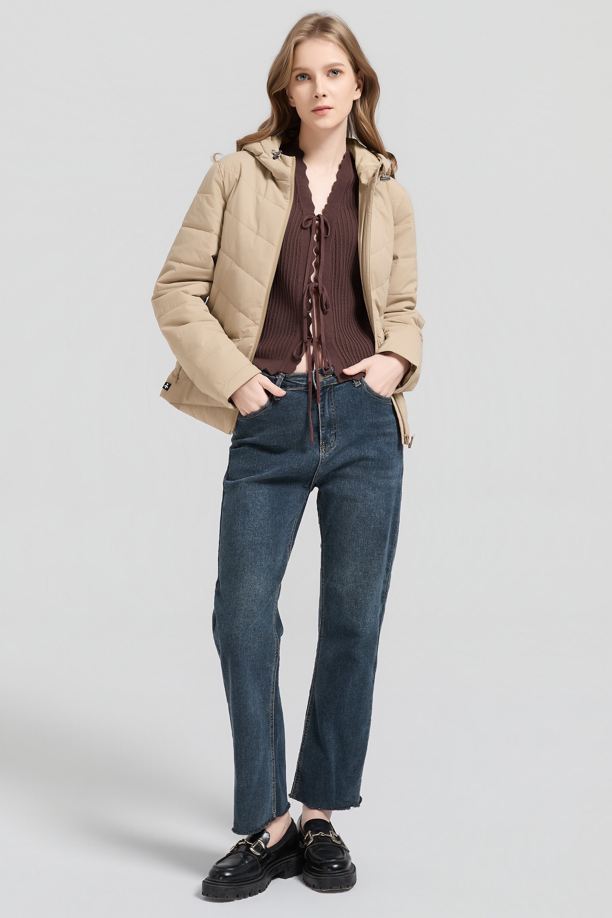 Flattering Quilted Puffer Lightweight Jacket with Hood #color_khaki