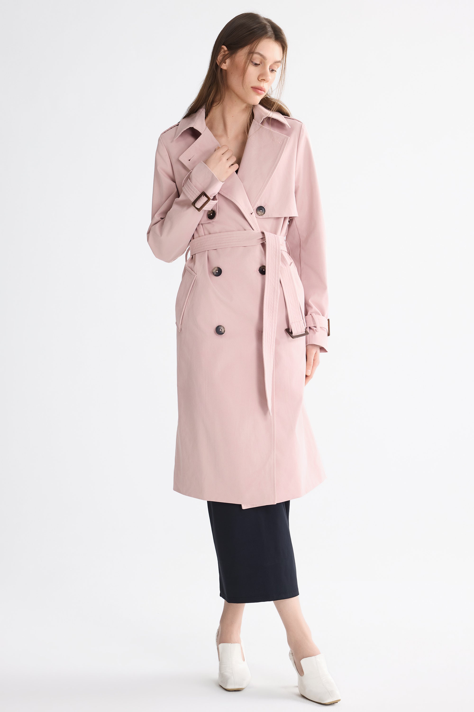 Trench-women 3/4 Belted Double-Breasted Trench from Orolay #color_pink