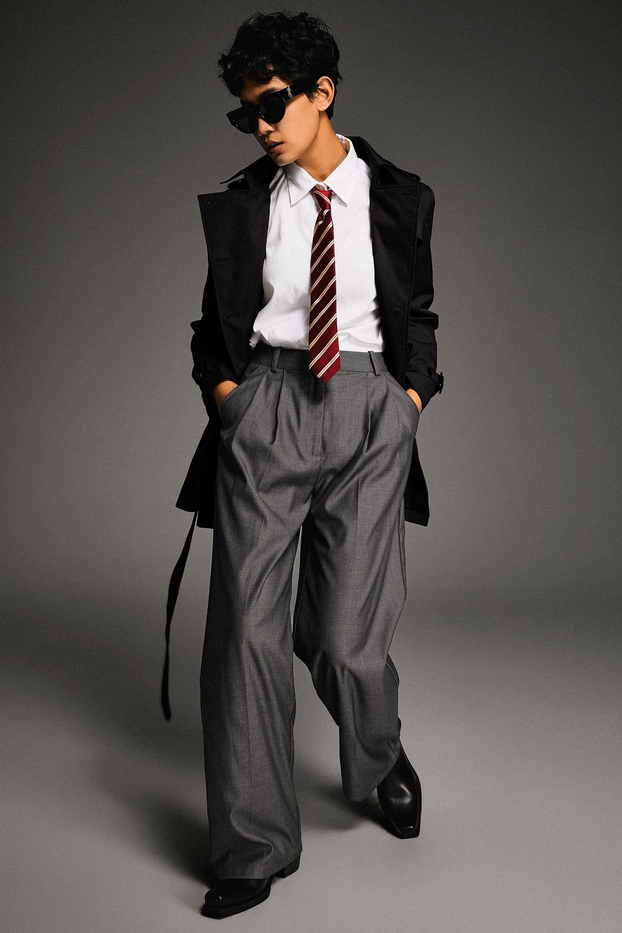 Orolay-3/4 Double-Breasted Short Trench-#color_Black