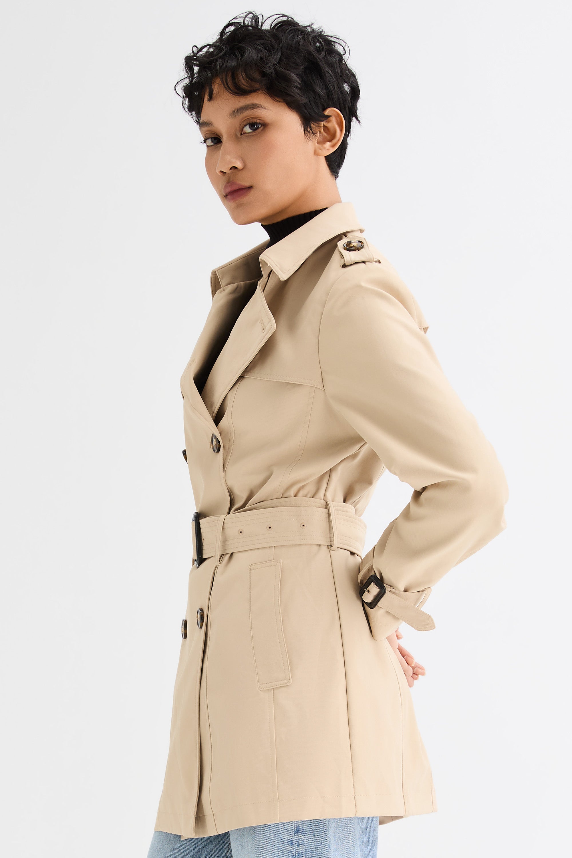Orolay-3/4 Double-Breasted Short Trench-#color_Frosted Almond