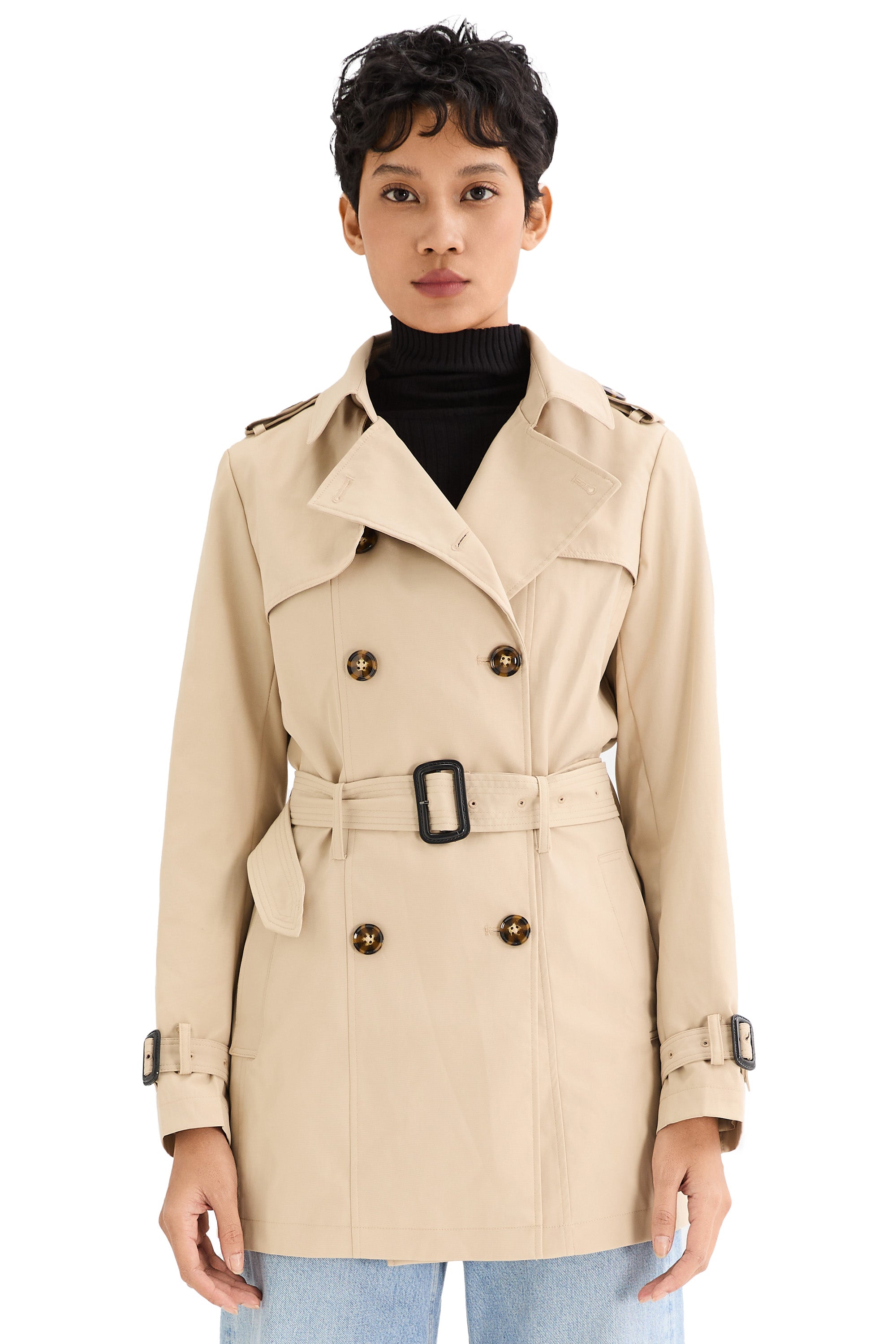 Orolay-3/4 Double-Breasted Short Trench-#color_Frosted Almond