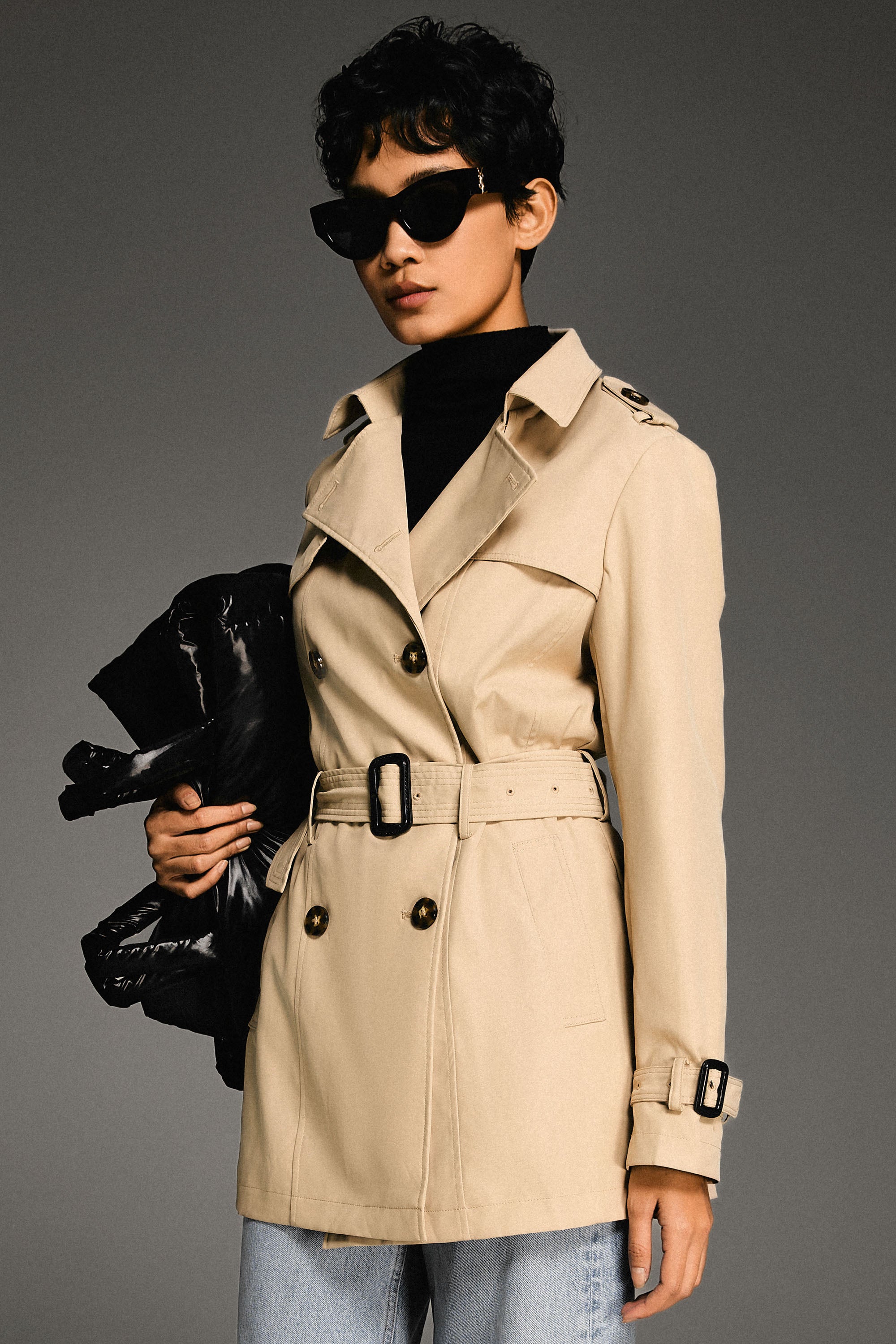 Orolay-3/4 Double-Breasted Short Trench-#color_Frosted Almond