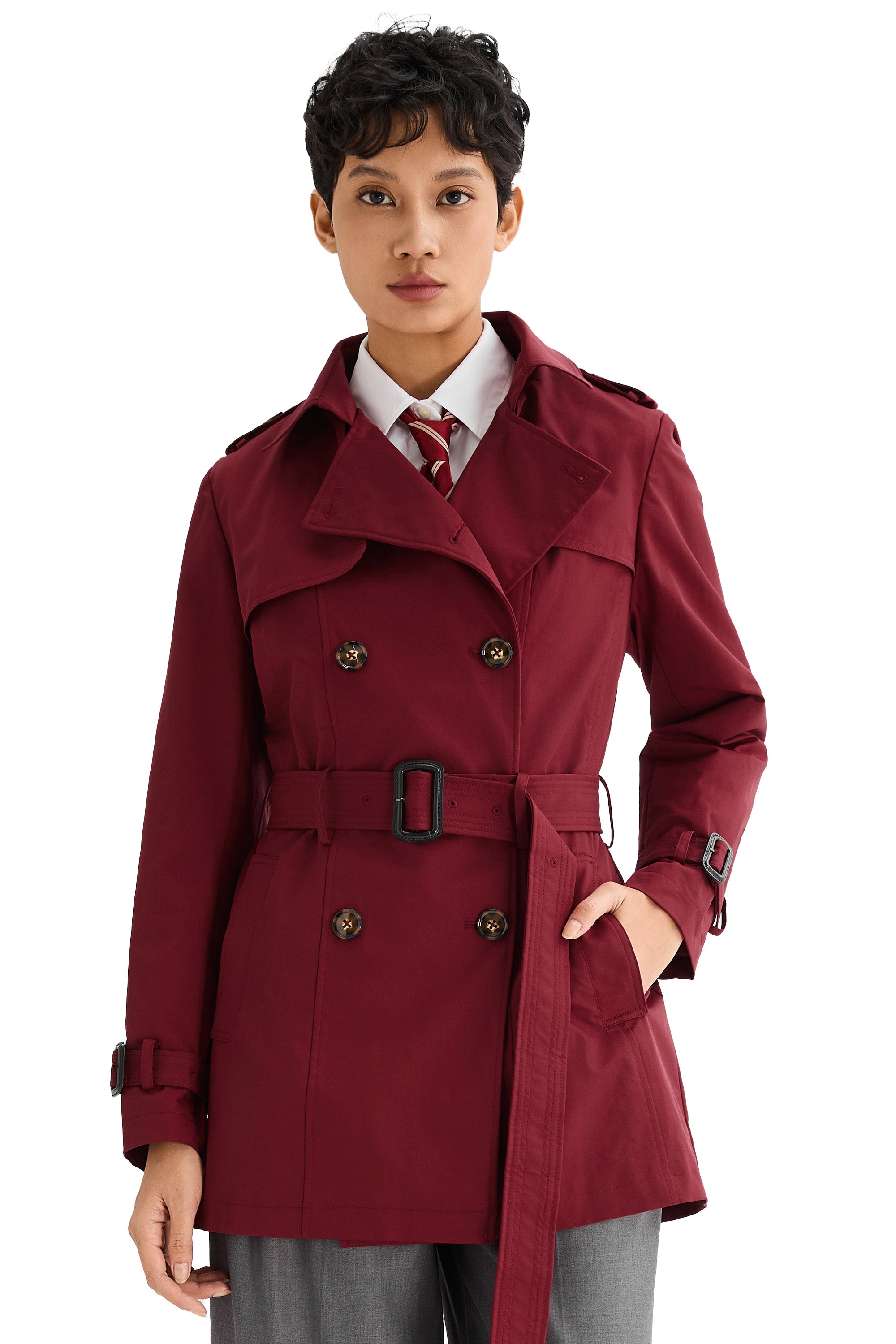 Orolay-3/4 Double-Breasted Short Trench-#color_Syrah
