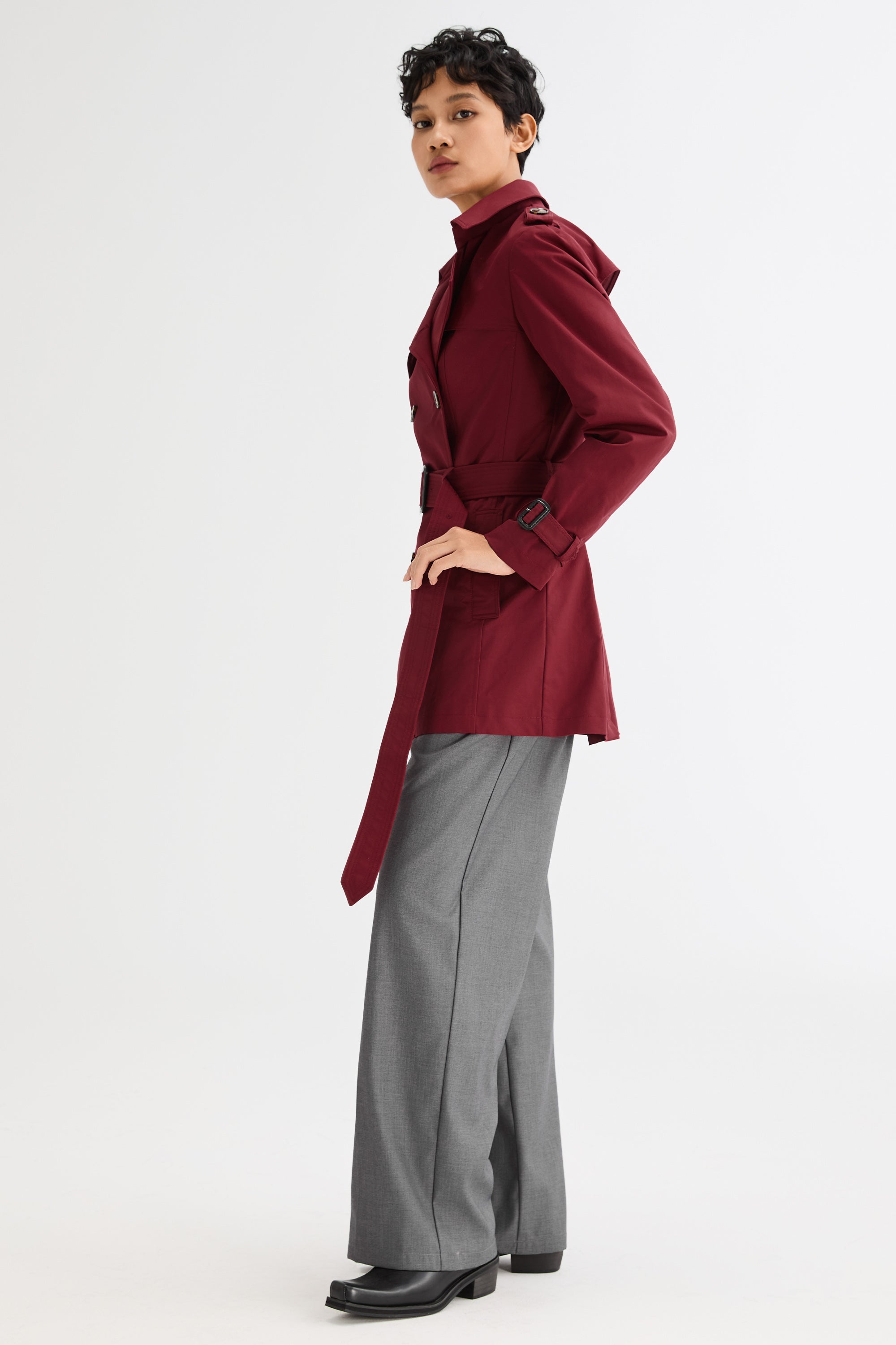 Orolay-3/4 Double-Breasted Short Trench-#color_Syrah