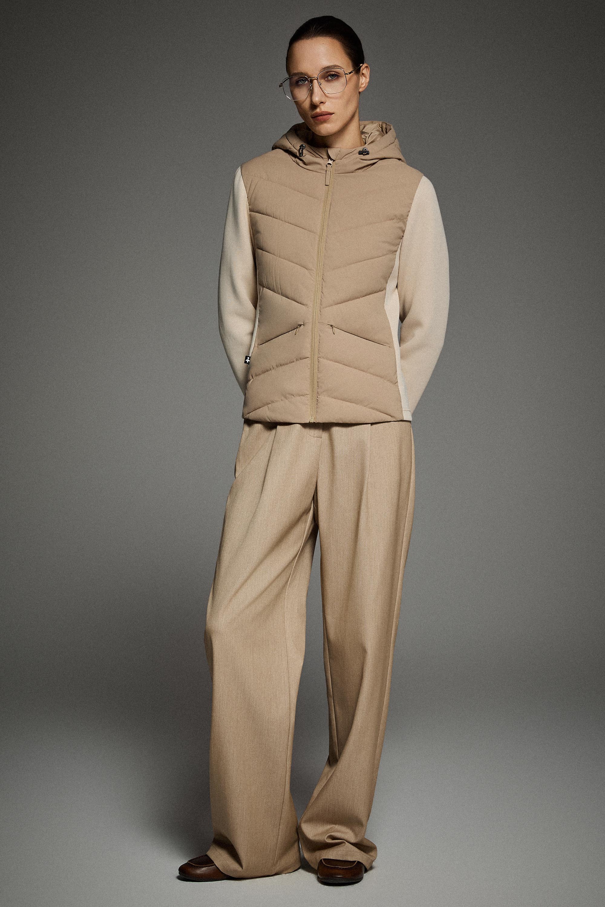 Structured Paneled Puffer Jacket with Hood #color_khaki