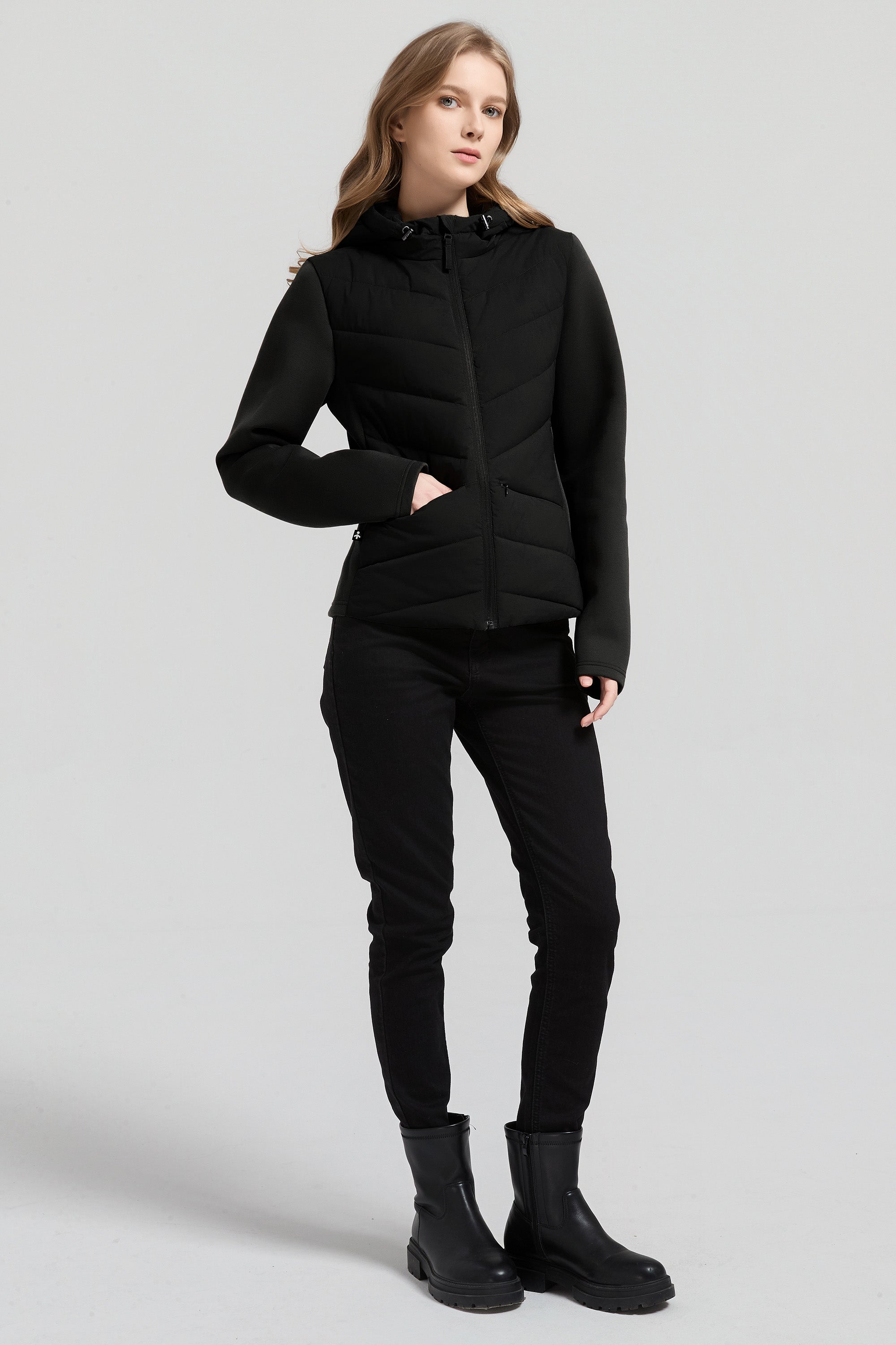 Structured Paneled Puffer Jacket with Hood #color_black