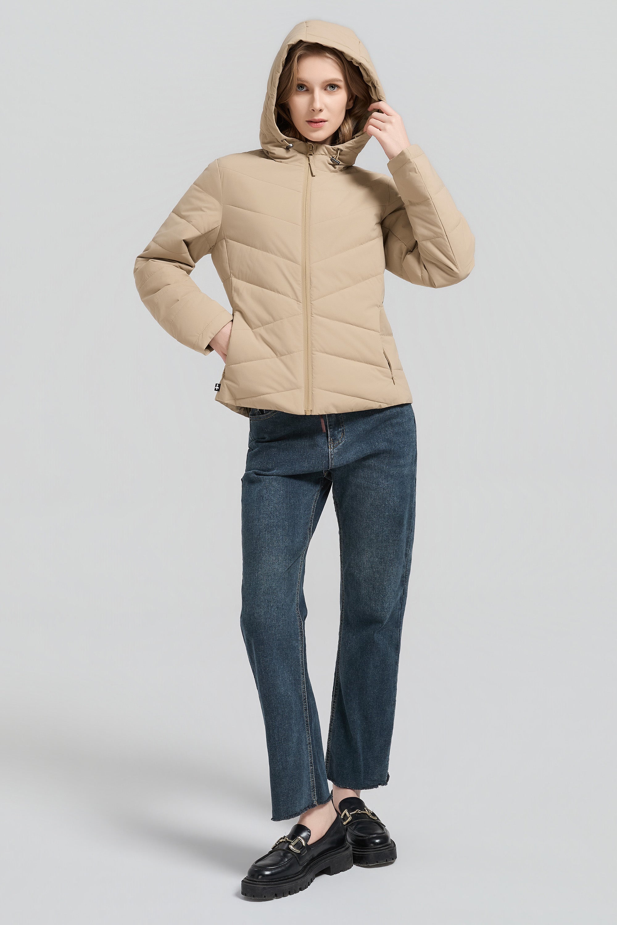 Flattering Quilted Puffer Lightweight Jacket with Hood #color_khaki