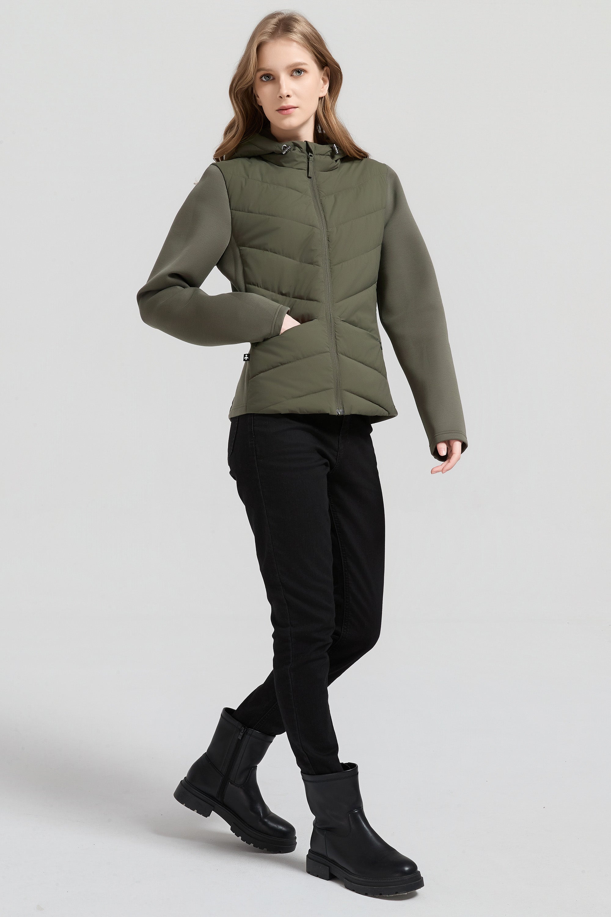 Structured Paneled Puffer Jacket with Hood #color_olive