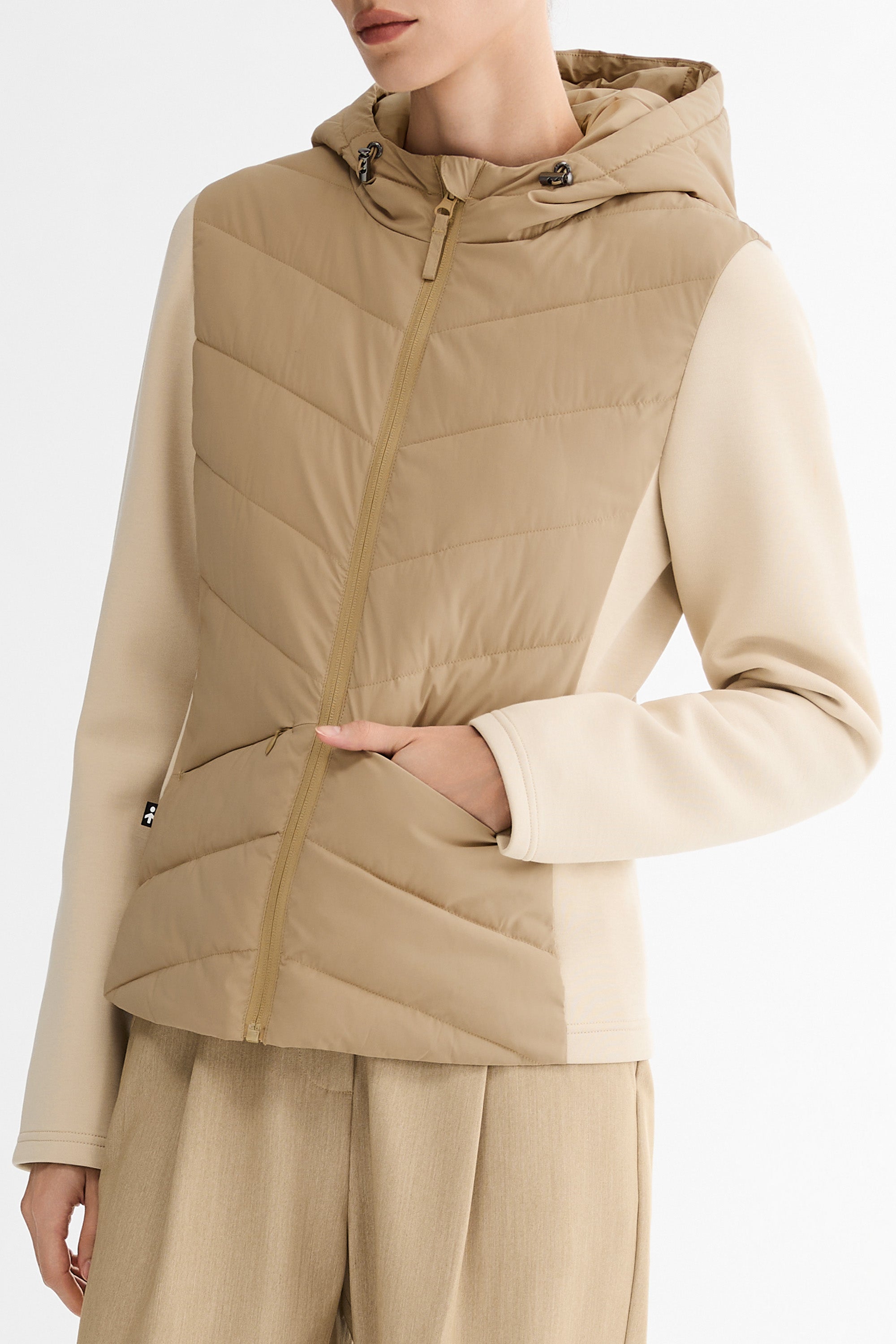 Structured Paneled Puffer Jacket with Hood #color_khaki