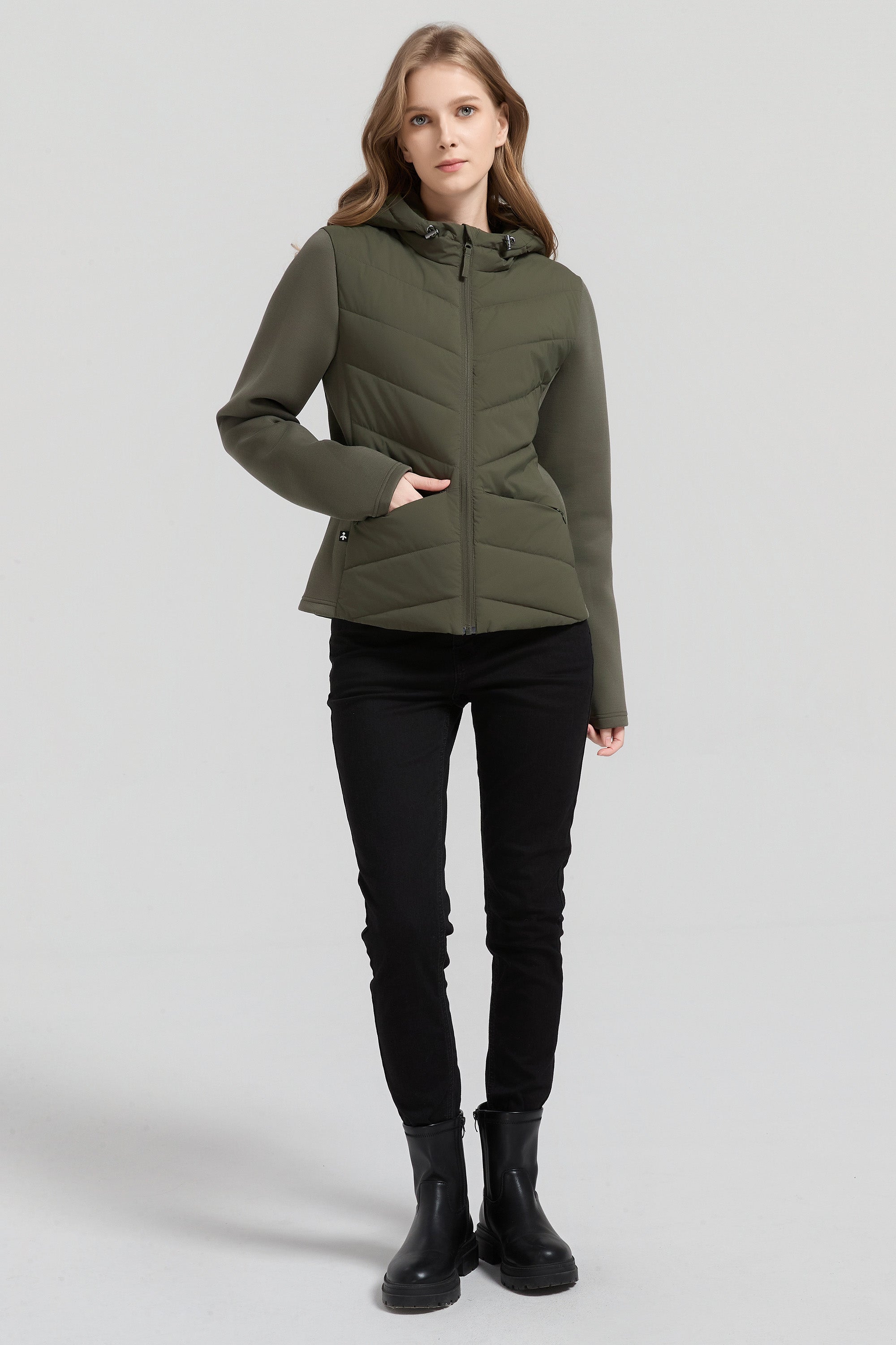 Structured Paneled Puffer Jacket with Hood #color_olive