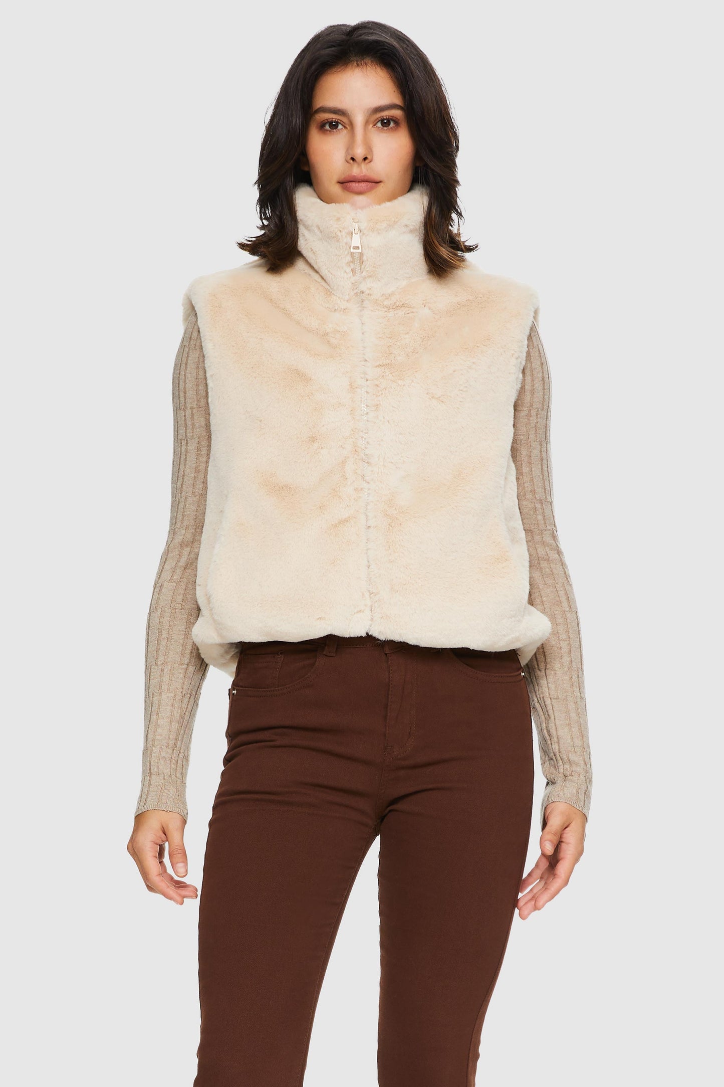 Solid Zip Up Faux Fur Vest Coat
