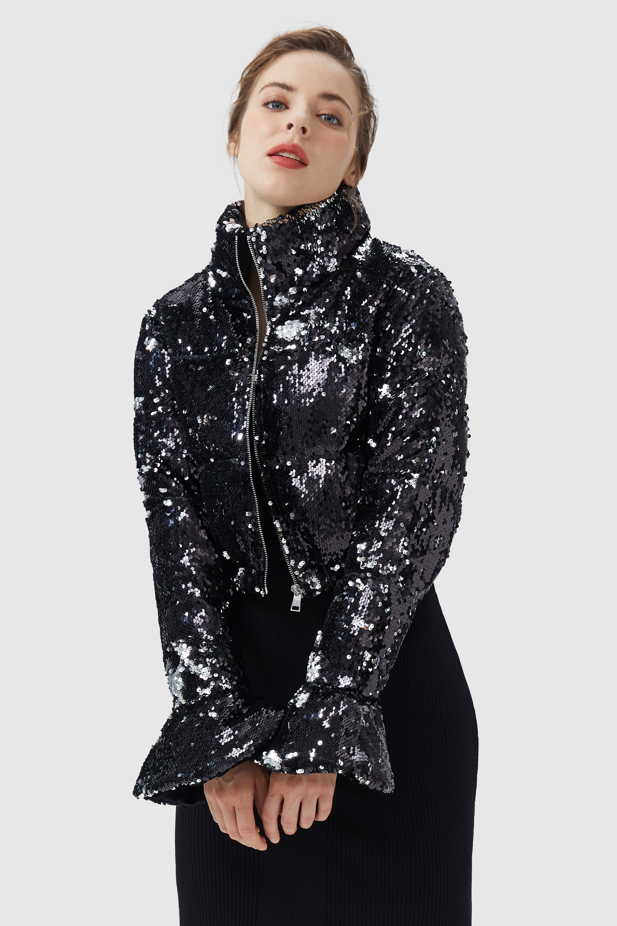 Sequin Fashion Petite Jacket with Stand Collar
