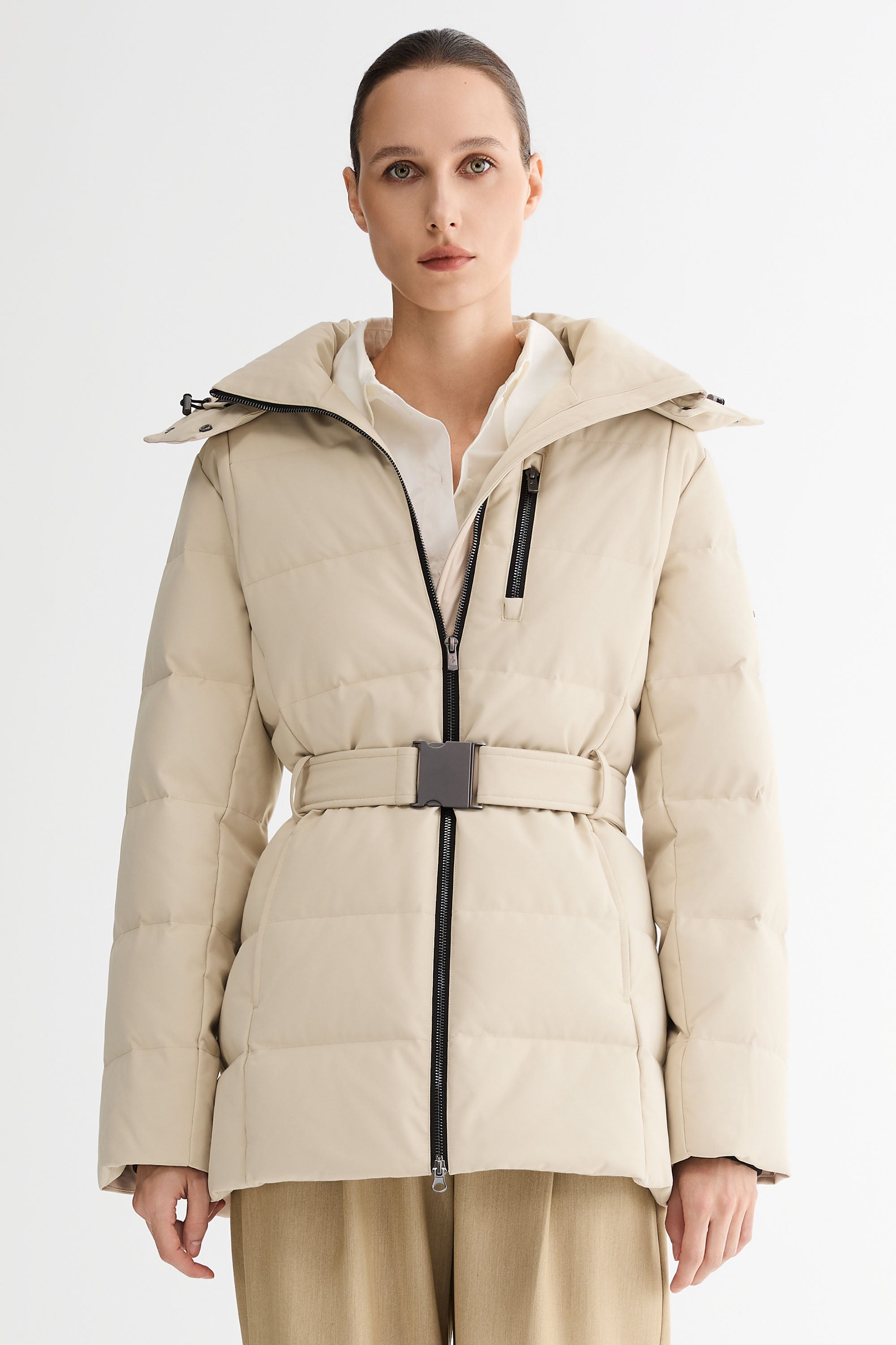 Celeste Polished Edge Belted Hooded Down Jacket #color_beige