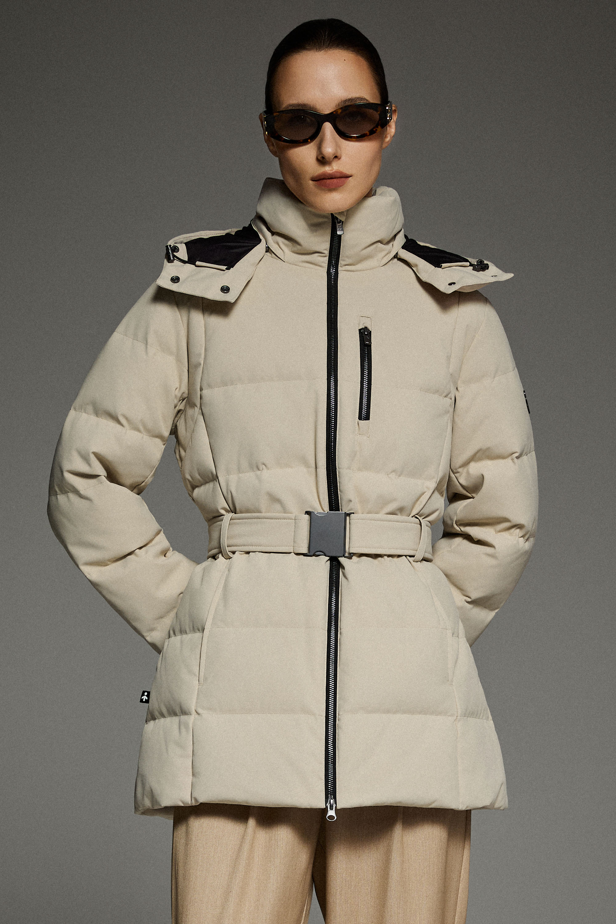 Celeste Polished Edge Belted Hooded Down Jacket #color_beige