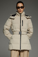 Celeste Polished Edge Belted Hooded Down Jacket #color_beige