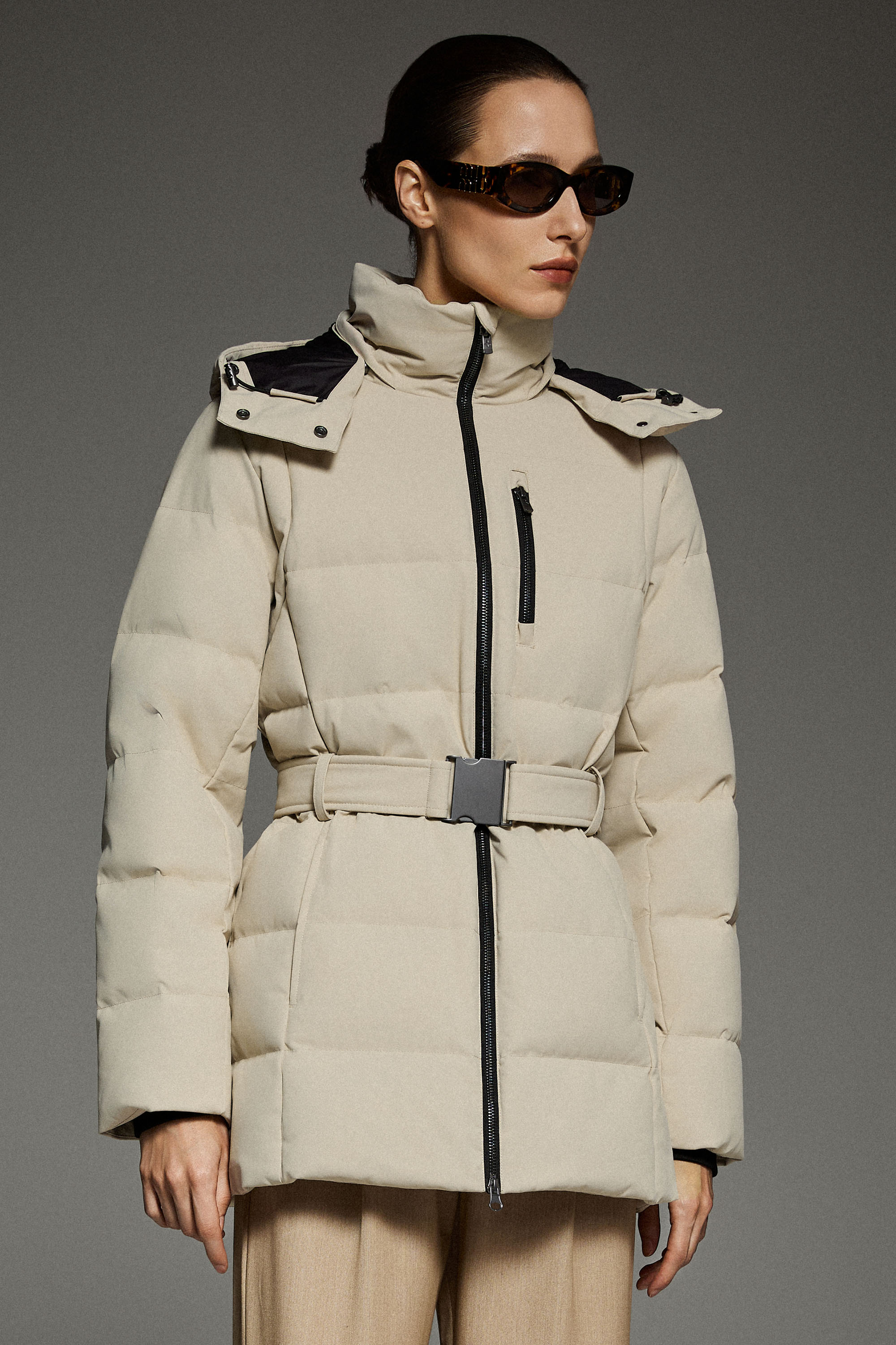 Celeste Polished Edge Belted Hooded Down Jacket #color_beige