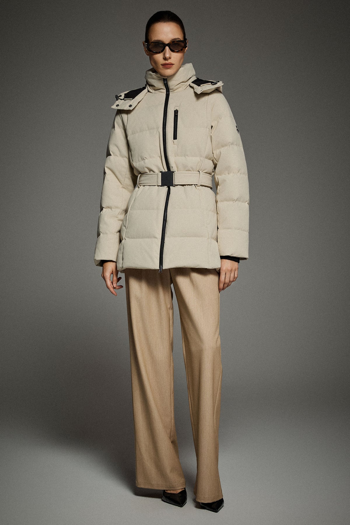 Celeste Polished Edge Belted Hooded Down Jacket