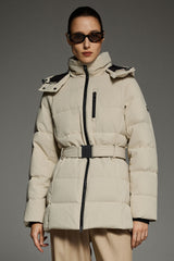 Celeste Polished Edge Belted Hooded Down Jacket #color_beige