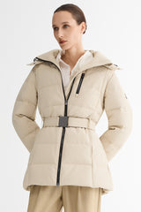 Celeste Polished Edge Belted Hooded Down Jacket #color_beige