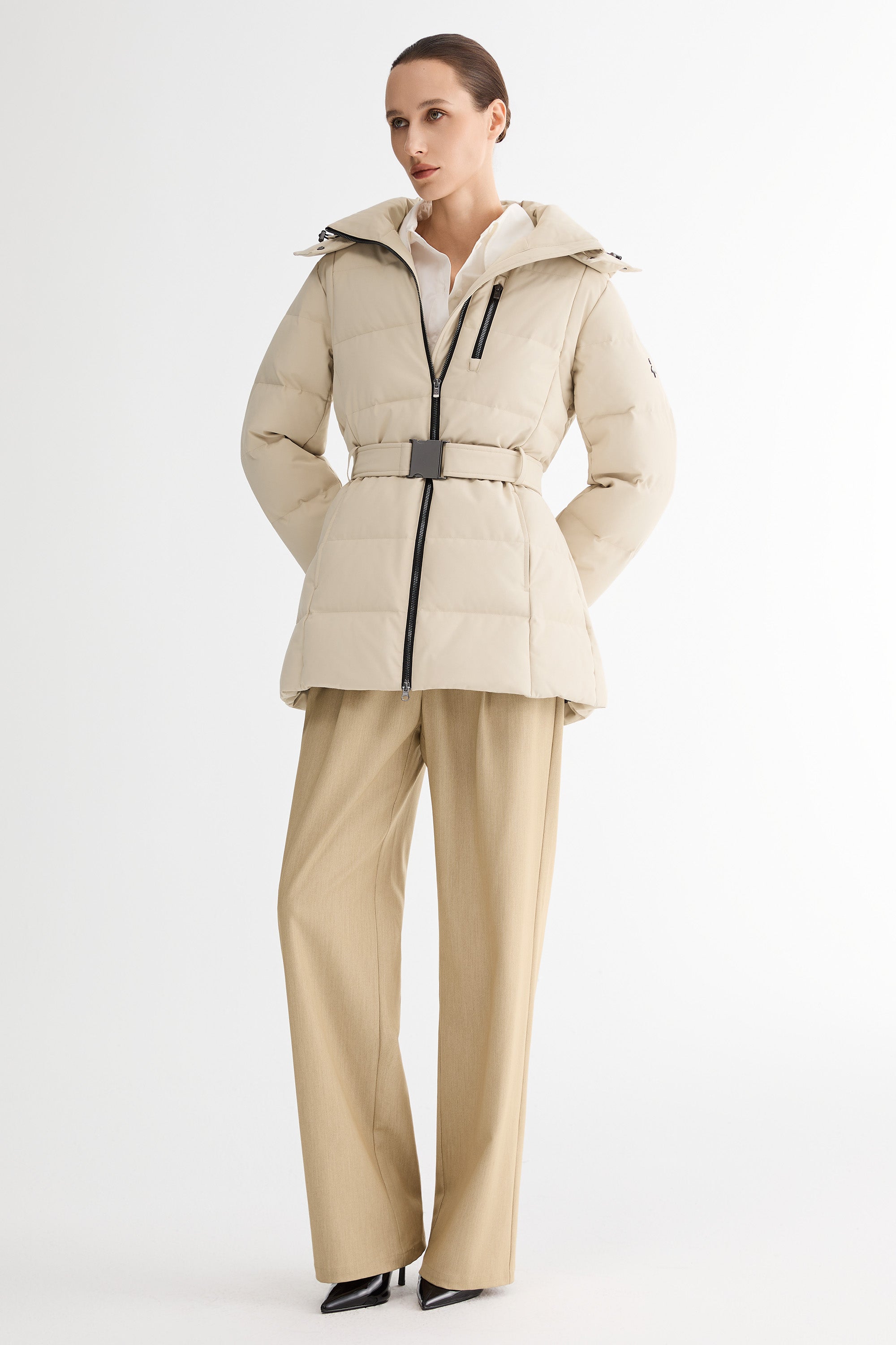 Celeste Polished Edge Belted Hooded Down Jacket #color_beige