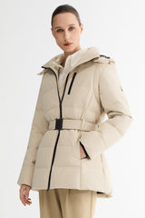 Celeste Polished Edge Belted Hooded Down Jacket #color_beige