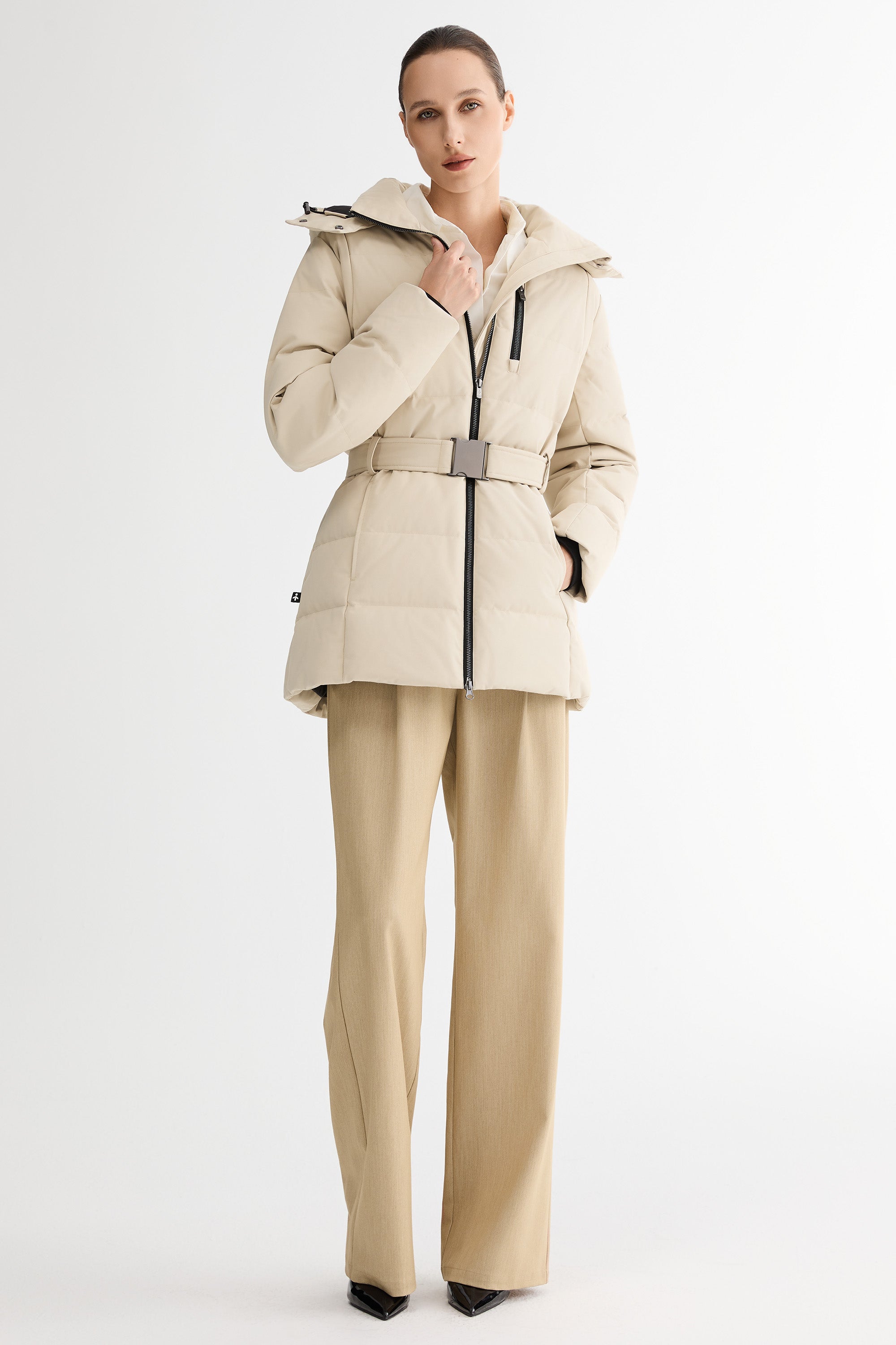 Celeste Polished Edge Belted Hooded Down Jacket #color_beige