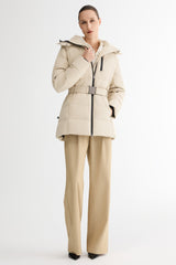 Celeste Polished Edge Belted Hooded Down Jacket #color_beige