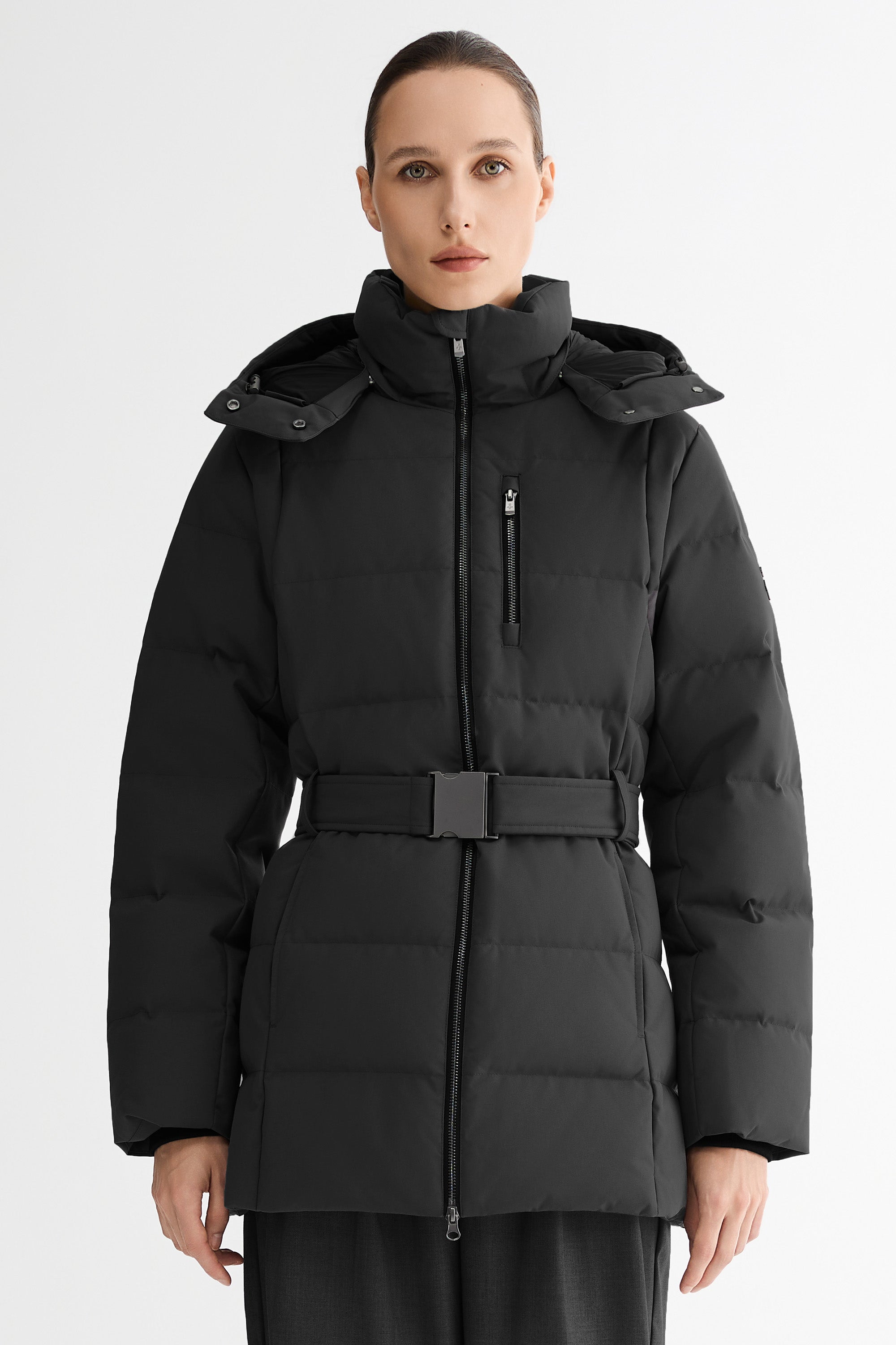 Celeste Polished Edge Belted Hooded Down Jacket #color_black
