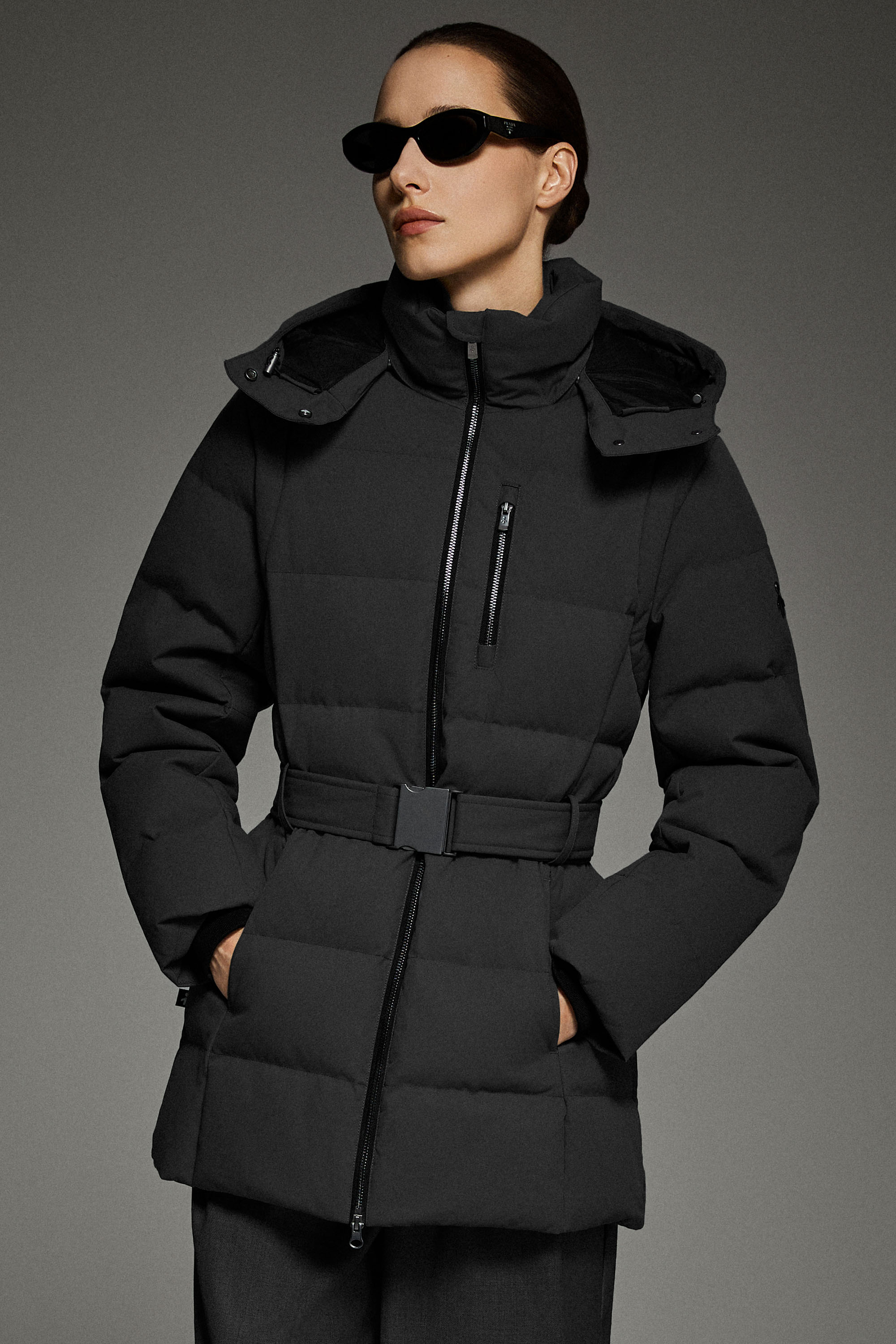 Celeste Polished Edge Belted Hooded Down Jacket #color_black