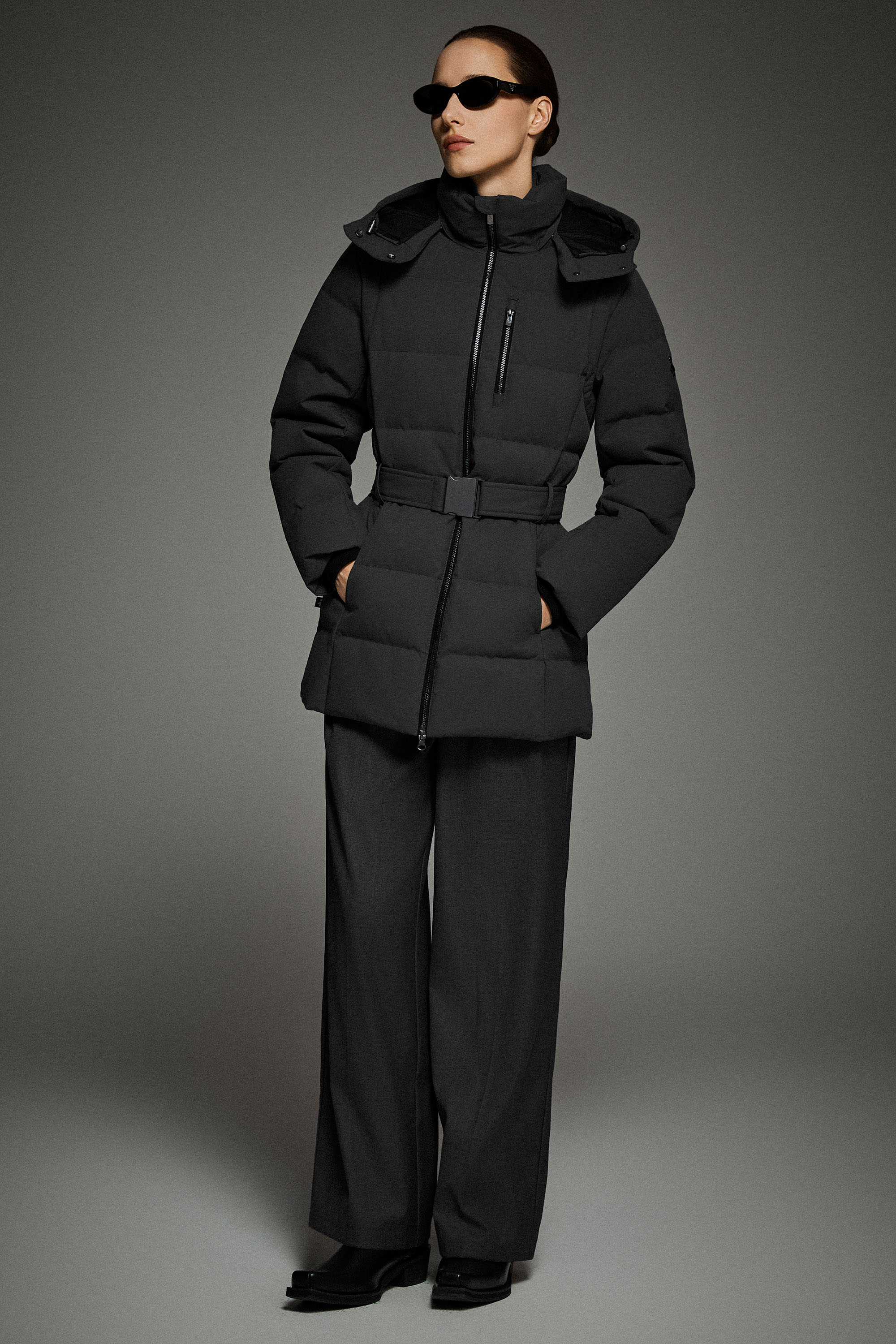 Celeste Polished Edge Belted Hooded Down Jacket #color_black