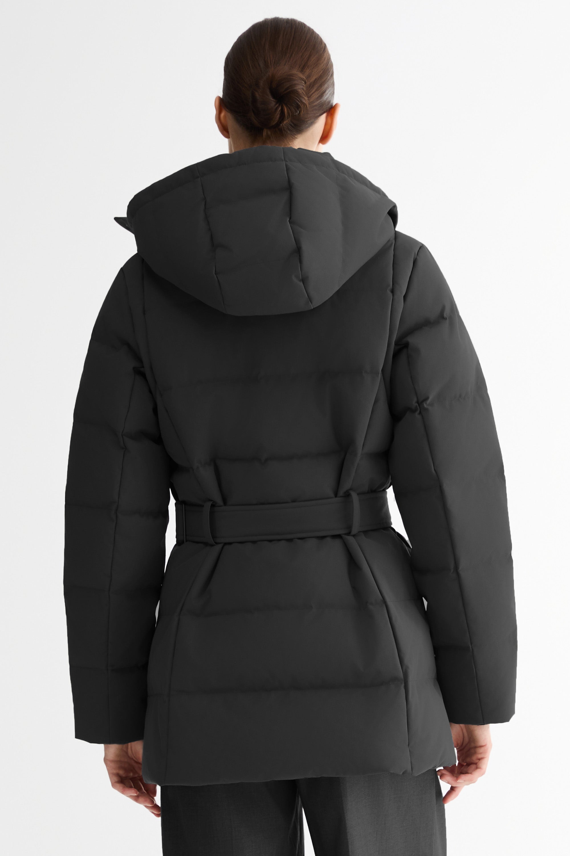 Celeste Polished Edge Belted Hooded Down Jacket #color_black