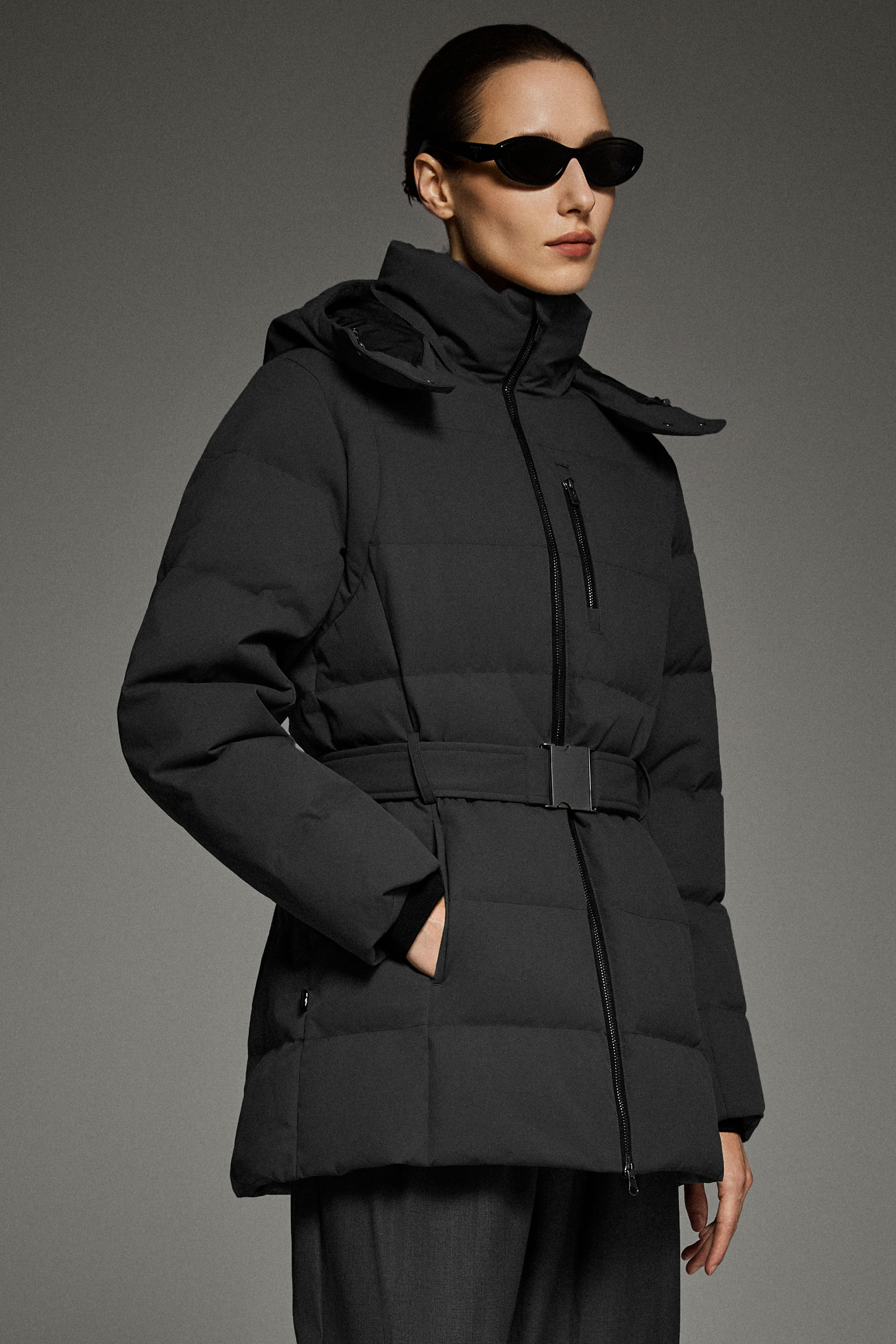 Celeste Polished Edge Belted Hooded Down Jacket #color_black