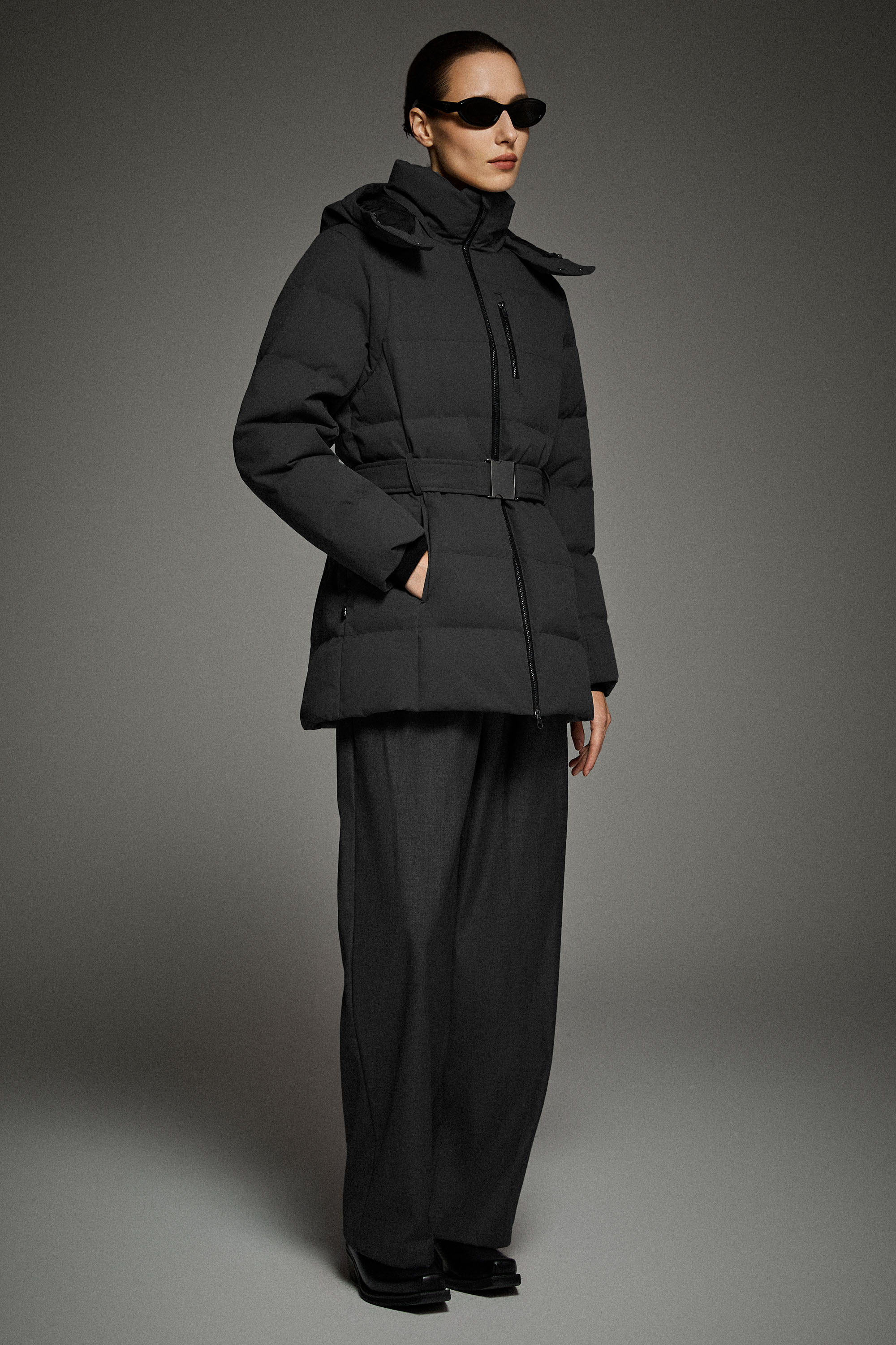 Celeste Polished Edge Belted Hooded Down Jacket #color_black