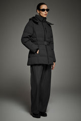 Celeste Polished Edge Belted Hooded Down Jacket #color_black