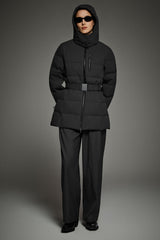 Celeste Polished Edge Belted Hooded Down Jacket #color_black