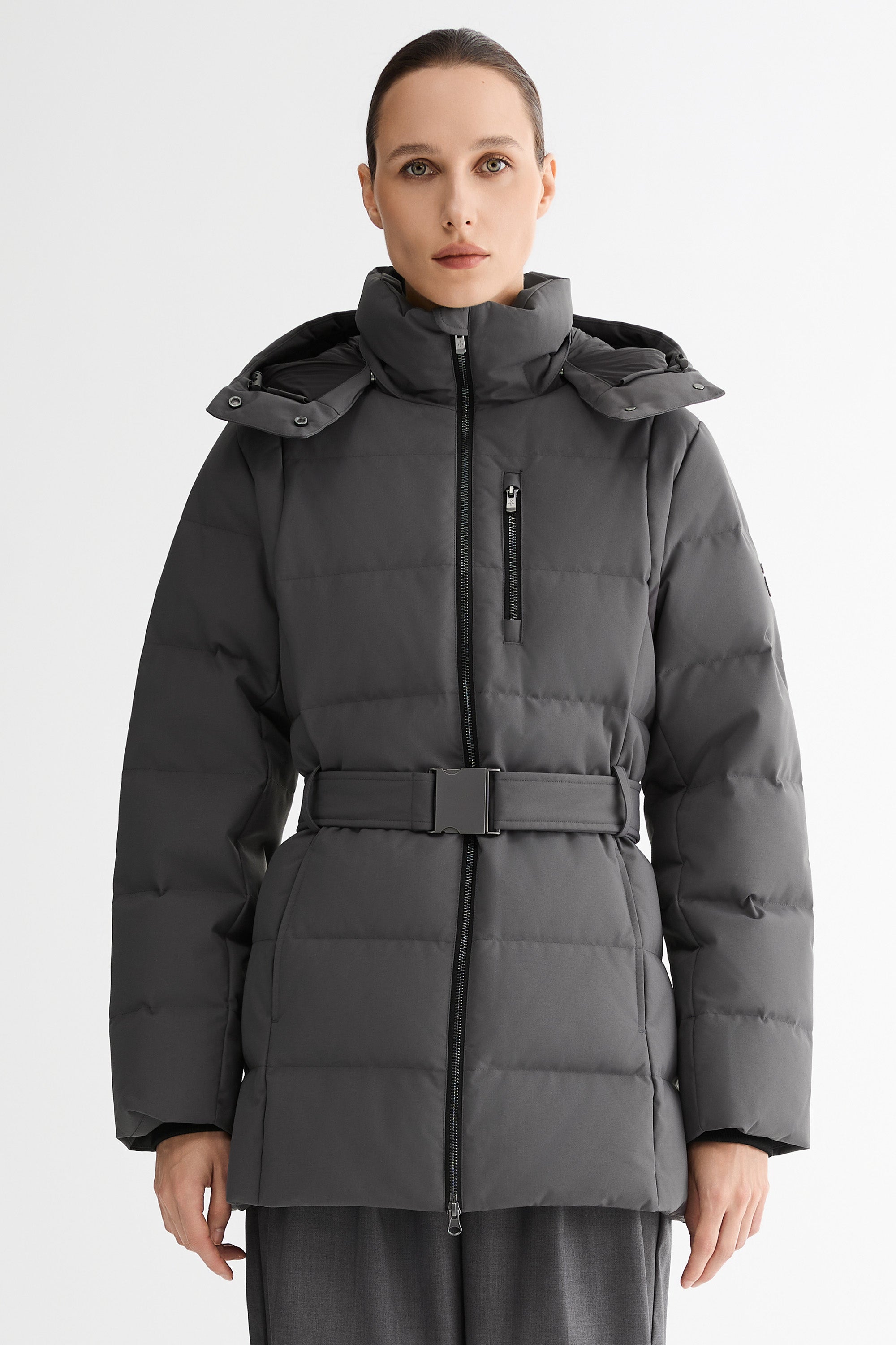 Celeste Polished Edge Belted Hooded Down Jacket #color_darkgray