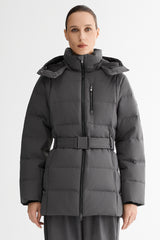 Celeste Polished Edge Belted Hooded Down Jacket #color_darkgray