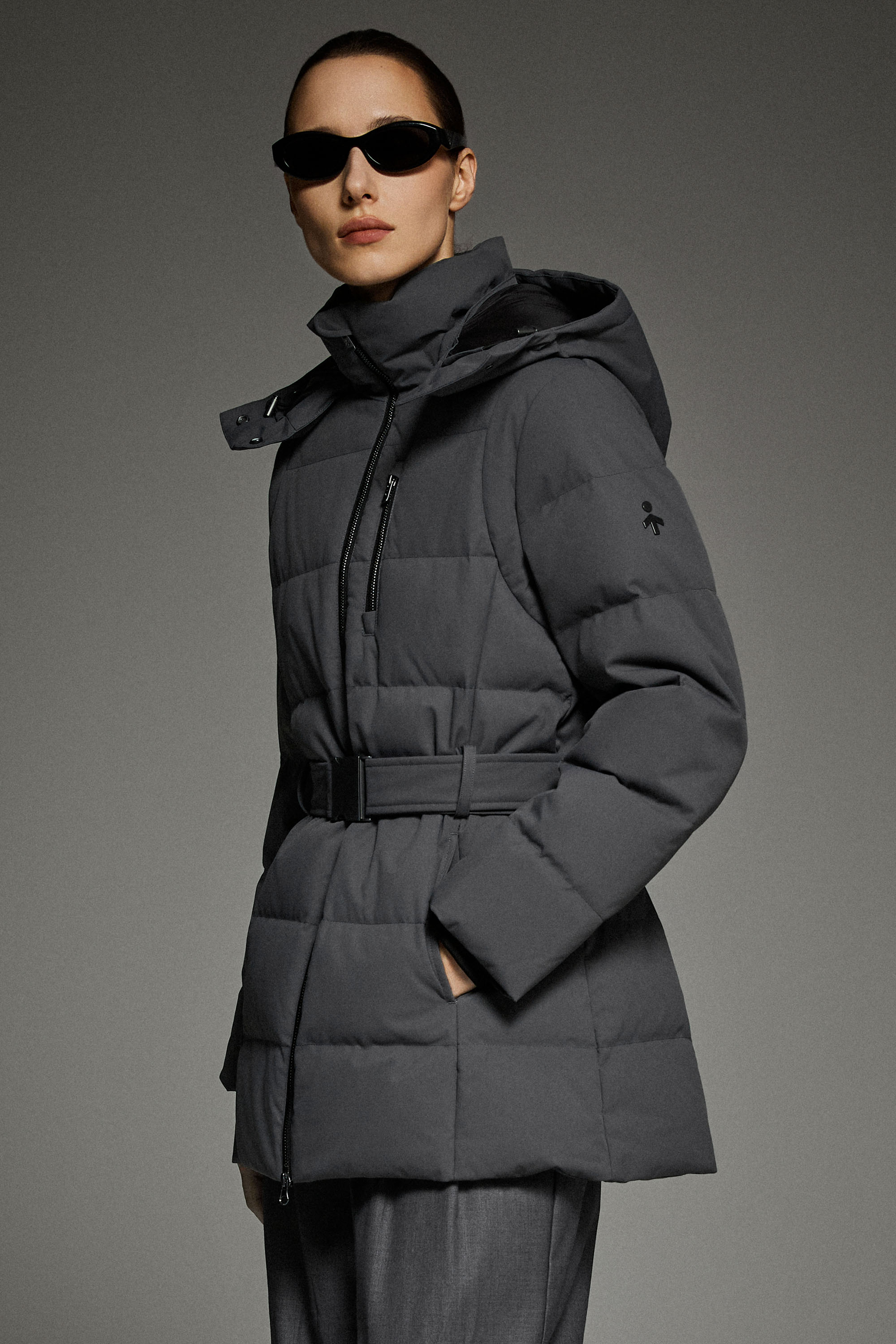 Celeste Polished Edge Belted Hooded Down Jacket #color_darkgray