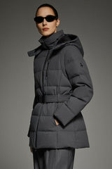 Celeste Polished Edge Belted Hooded Down Jacket #color_darkgray