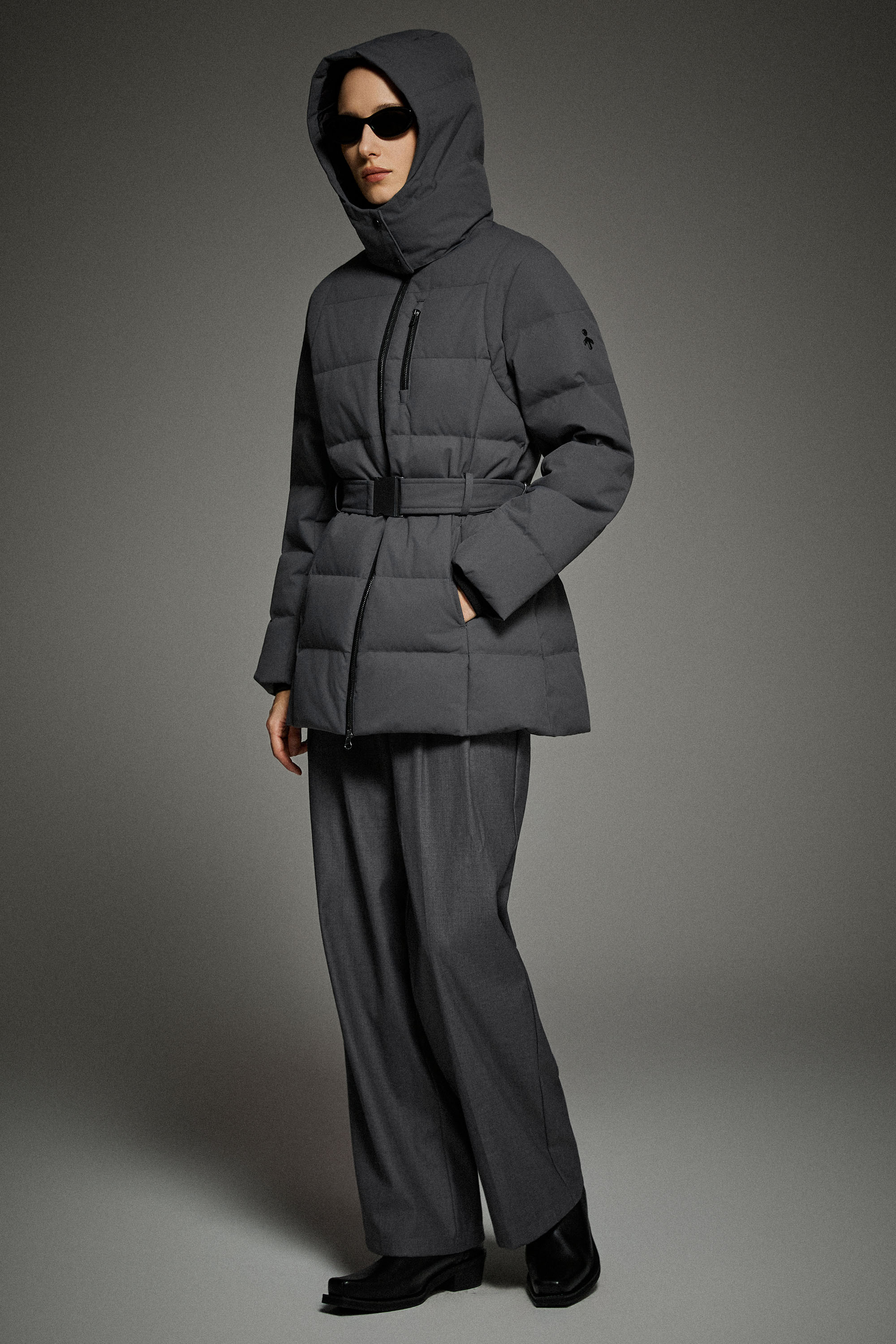 Celeste Polished Edge Belted Hooded Down Jacket #color_darkgray