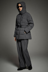 Celeste Polished Edge Belted Hooded Down Jacket #color_darkgray