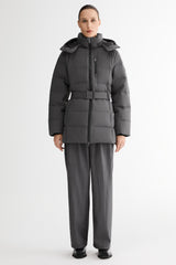 Celeste Polished Edge Belted Hooded Down Jacket #color_darkgray