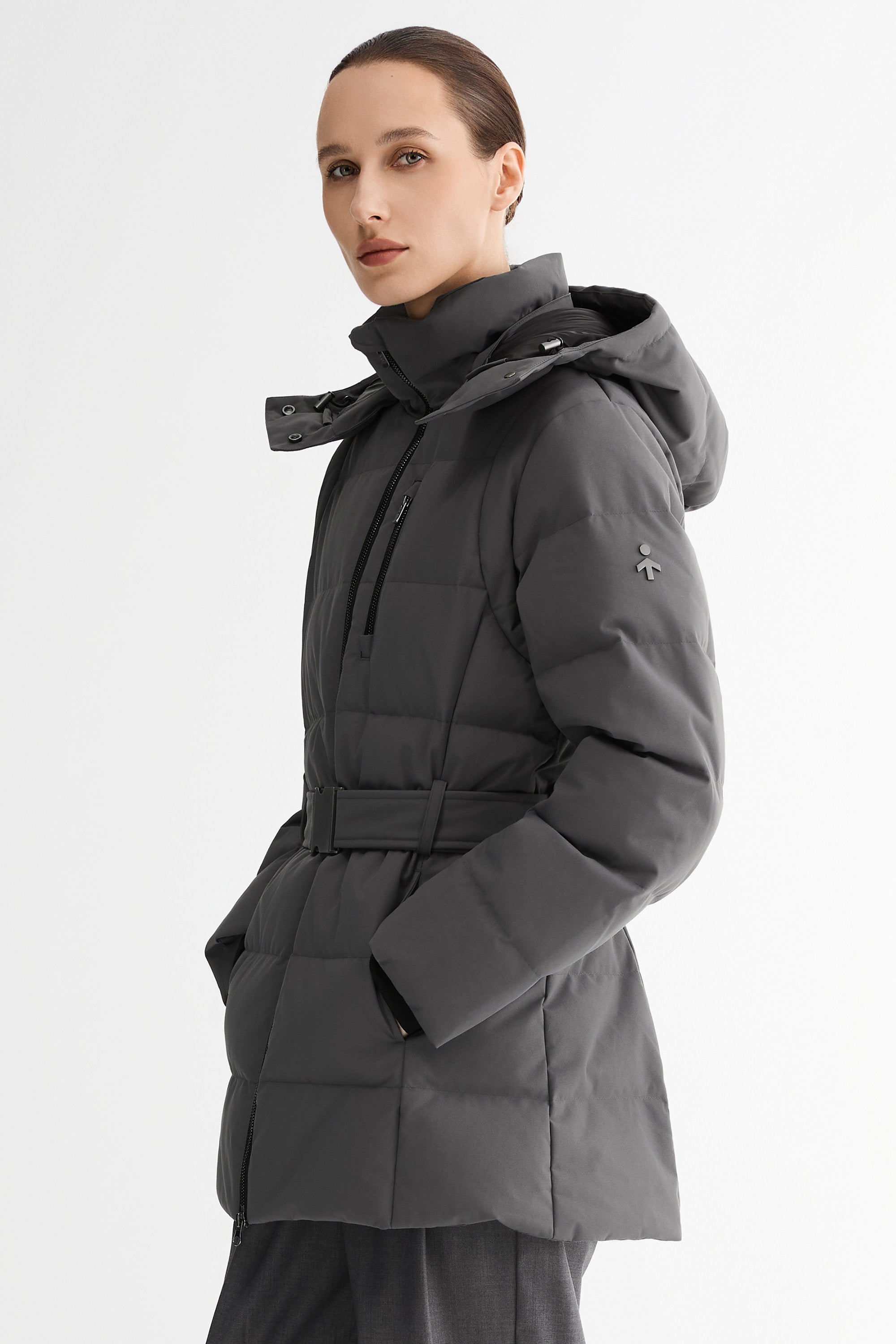 Celeste Polished Edge Belted Hooded Down Jacket #color_darkgray
