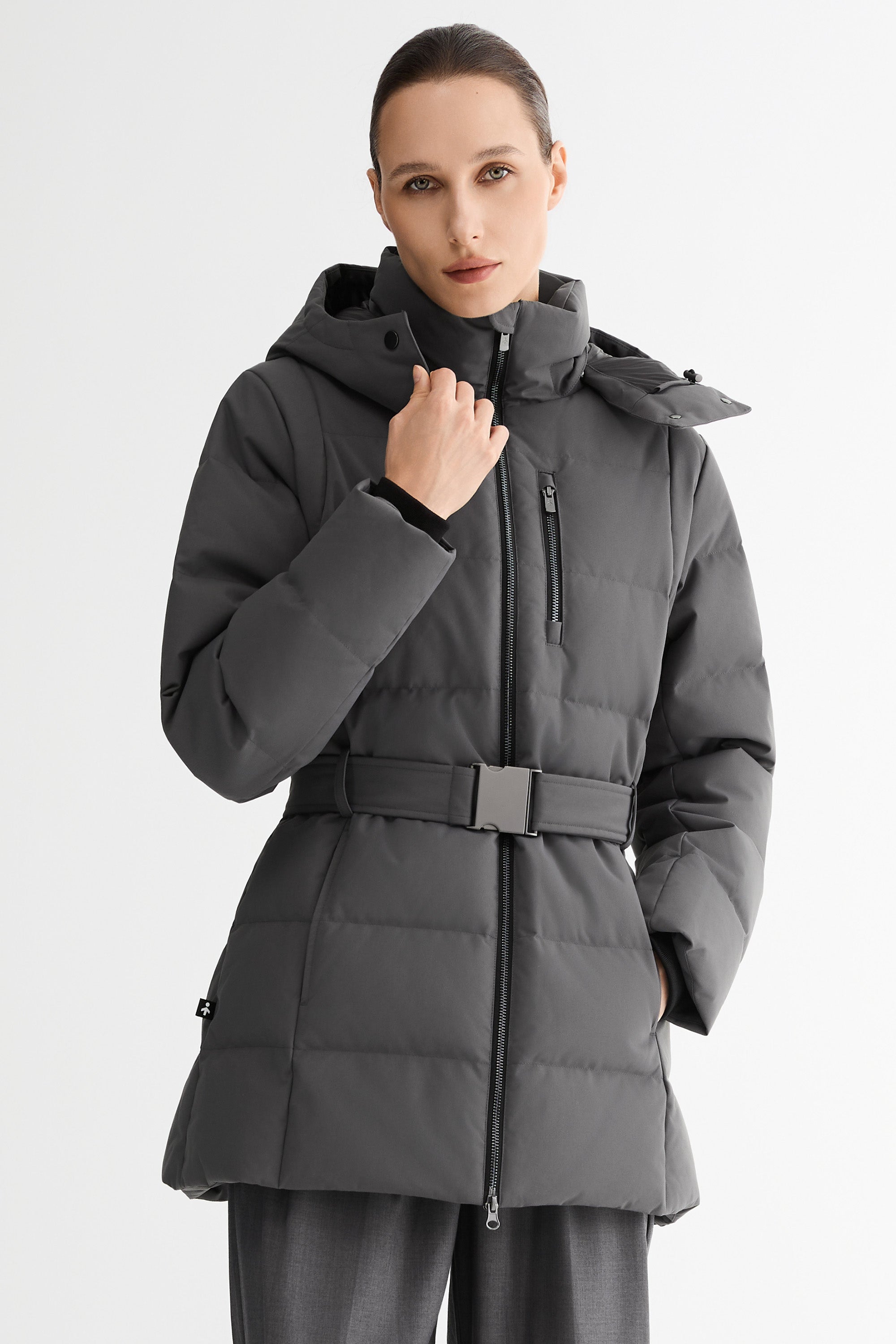 Celeste Polished Edge Belted Hooded Down Jacket #color_darkgray